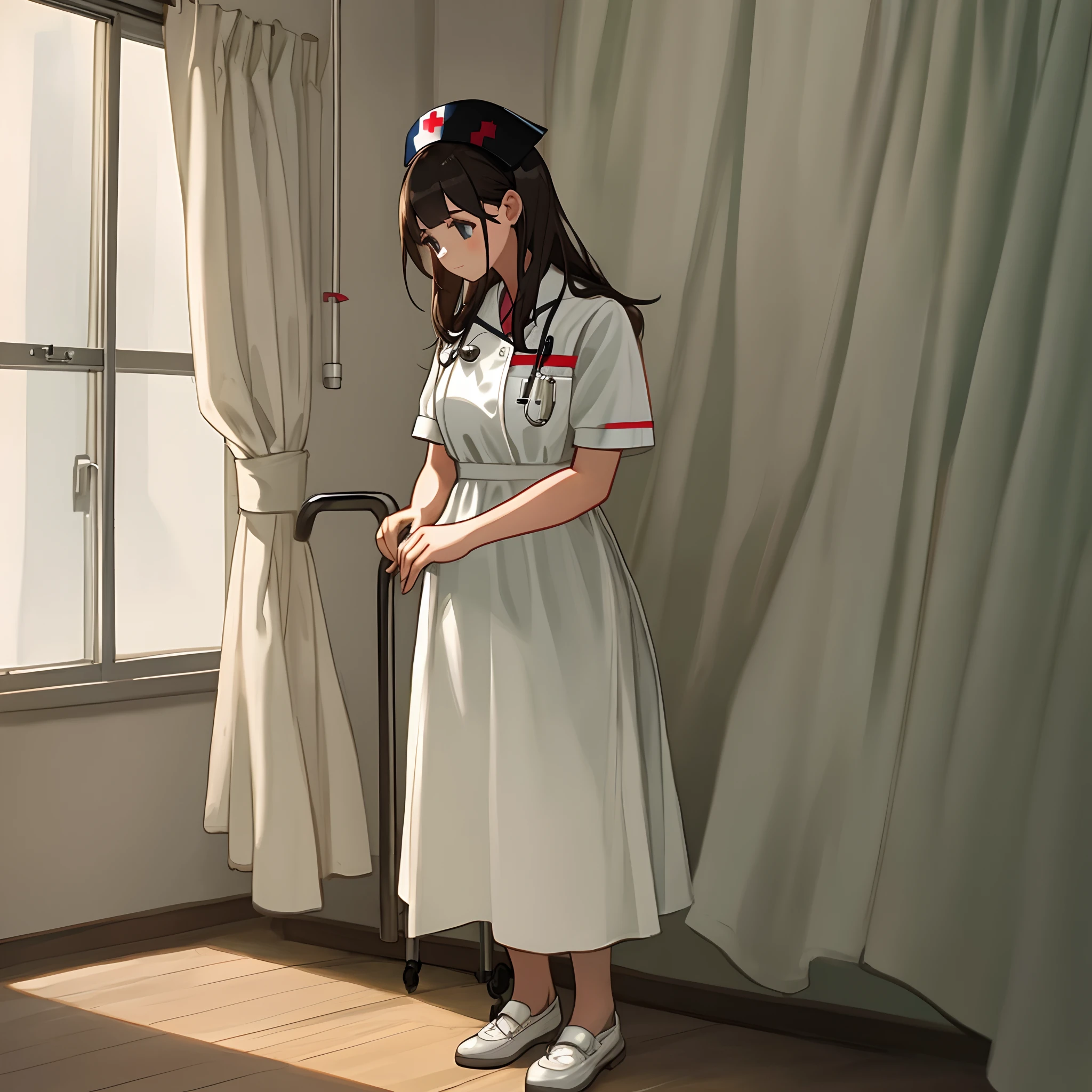 infirmary, curtains, 1girl, nurse, white dress,, masterpiece, best quality, highly detailed