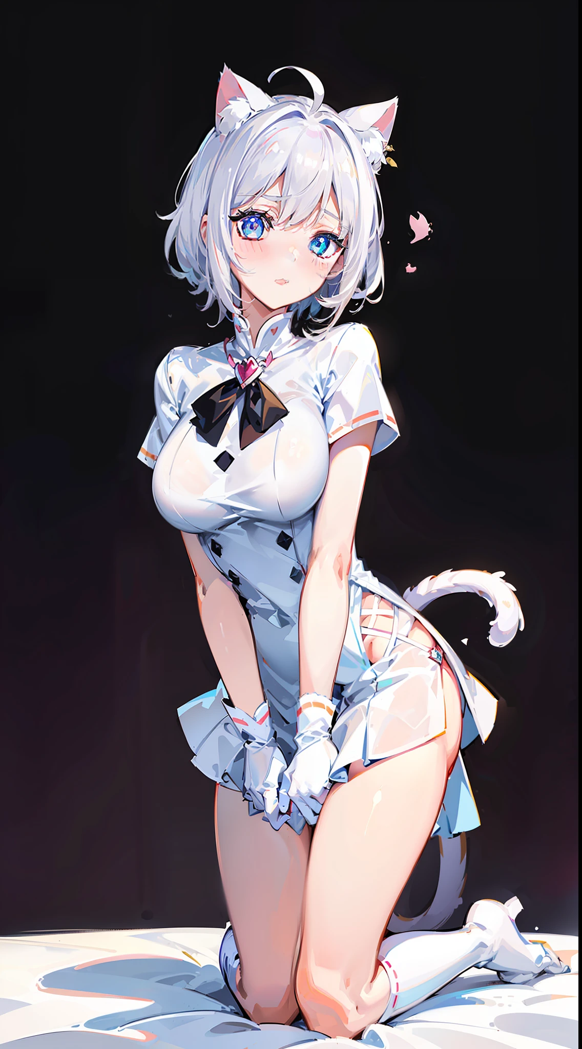 Blush, ((((White color blouse)))), white long boots, (on top of the bed), Kneeling, D-cups, White hair, ahoge, Heart-shaped pupils, blue color eyes, (((((cat ear))))), is shy,White gloves, torogao, Reflectors, Yandere, anime big breast, Chiaroscuro, Ray tracing, shadowing, hyper HD, Masterpiece, Accurate, Anatomically correct, Textured skin, Super detail, High details, High quality, Award-Awarded, Best quality, A high resolution, 16k,(There is love around you),((((Tempting)))),((Get wet,semi transparent)),no extra limbs,((white necklet))