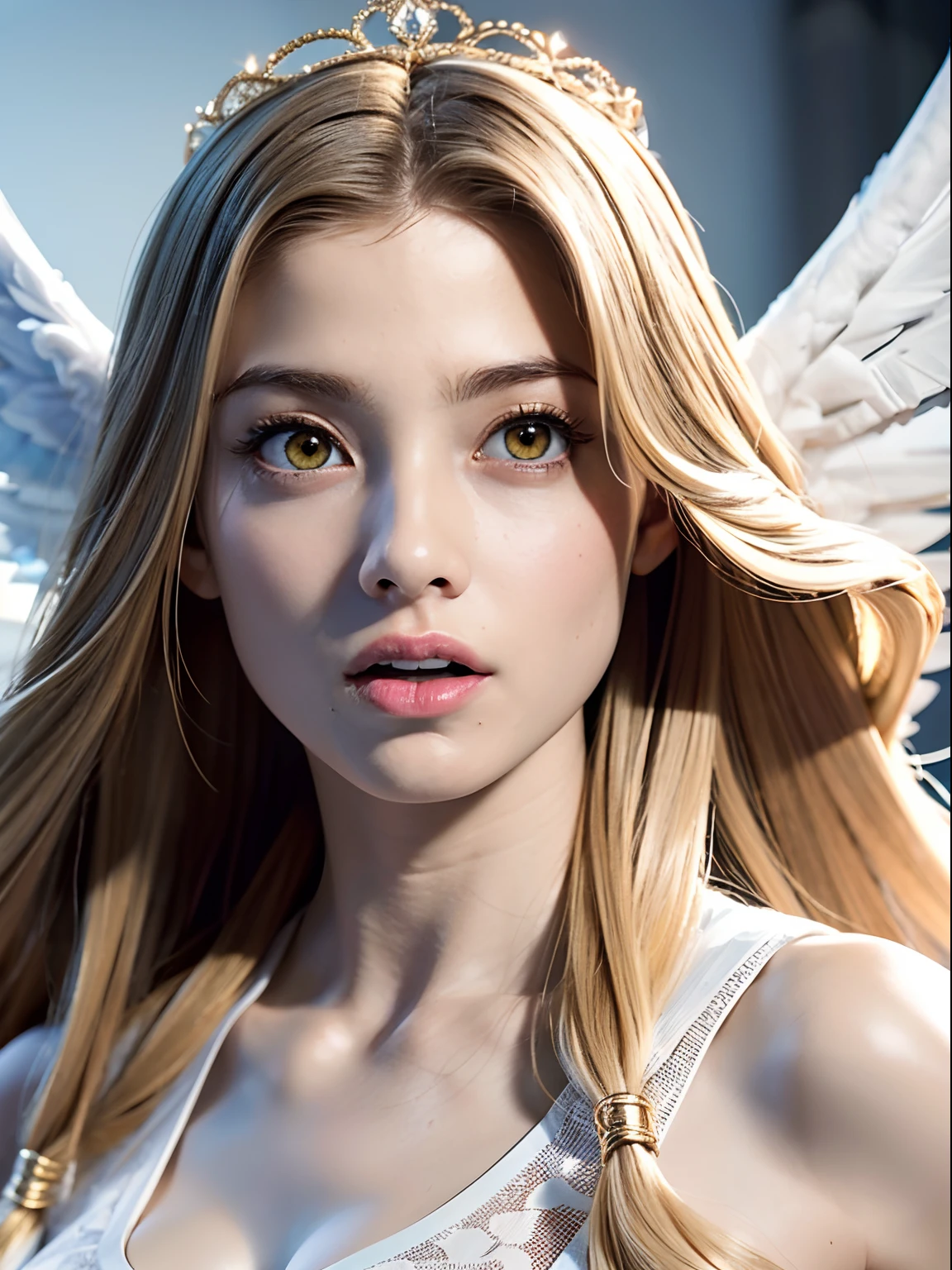 Ultra-detailed complex 3D rendering of the face, (Colossal: 8.8), (masterpiece, top quality, octane rendering, 8K), glamour shot full body image, cleavage, (highly detailed skin: 1.2), (exposure: 1.1), (blonde), (wearing a plummet tank top of gold silk: 1.5)), blonde hair, beautiful Caucasian woman with full soft breasts and white skin, one with big ass, long braided hair, big breasts, dynamic angle, mystical expression, ultra-realistic photography, (((((portrait))), bare feet, futuristic city background, facial muscles, detailed and beautiful queen tiara, in the style of Marvel Comics, clear focus, studio photography, intricate details, highly detailed, detailed yellow eyes, sharp focus, digital rendering, professional, abs, ((((sexy pose))), natural jungle, open mouth lightly, mansle, open crotch, seductive look, angel ring, detailed angel wings, angel ring, detailed mouth inside,