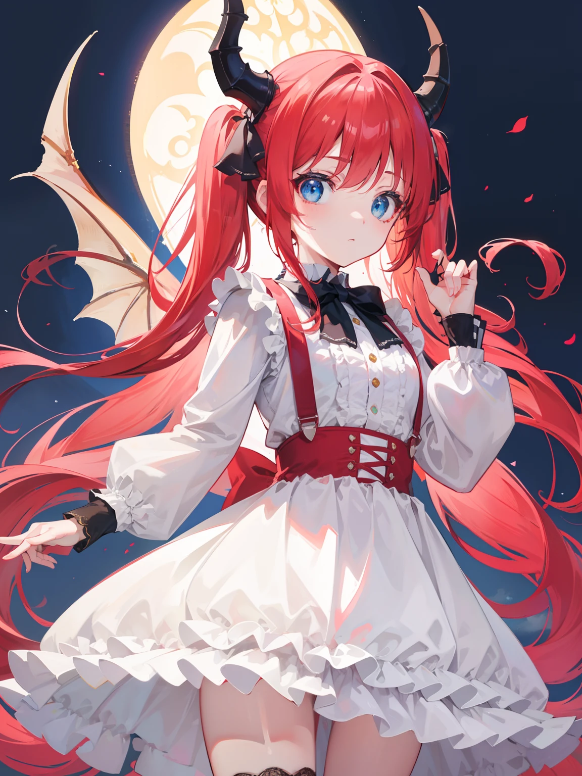 {{best quality}}, {{masterpiece}}, {{ultra-detailed}}, {illustration}, {detailed light}, red hair,blue eyes,twintails,lolita,Suspenders skirt,Fantastic,loli,solo,Dragon horns, girl,long hair