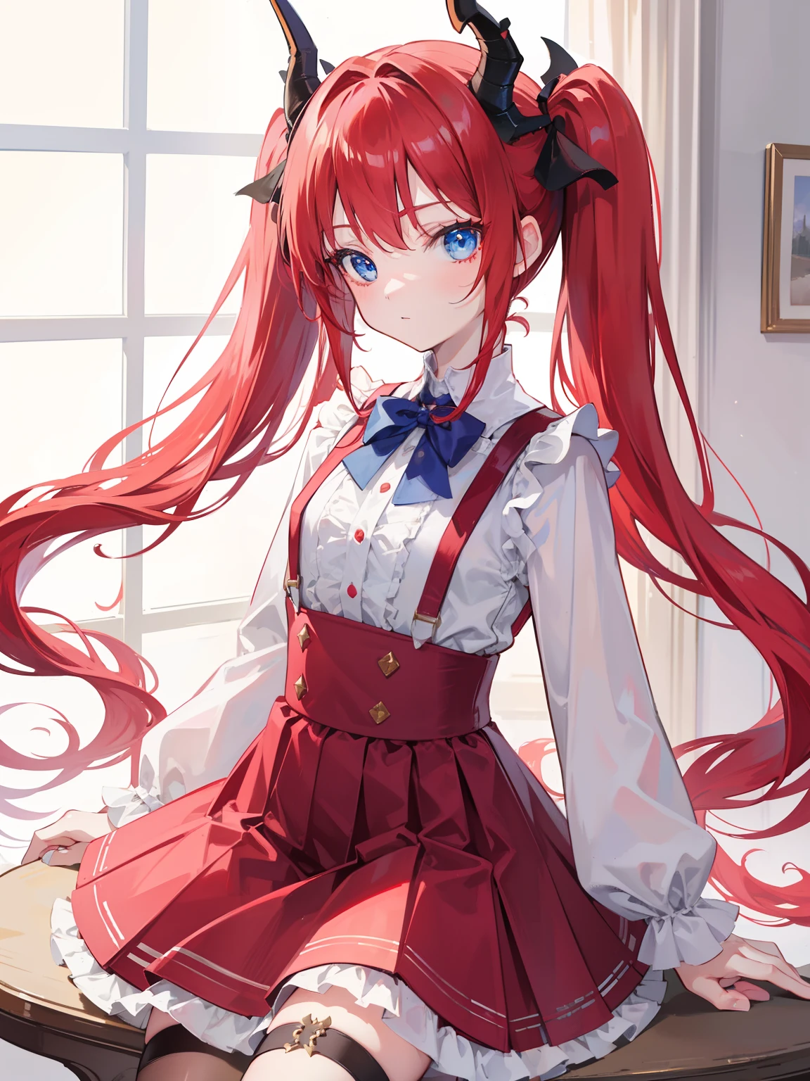 {{best quality}}, {{masterpiece}}, {{ultra-detailed}}, {illustration}, {detailed light}, red hair,blue eyes,twintails,****ta,Suspenders skirt,Fantastic,****,solo,Dragon horns,***********,long hair