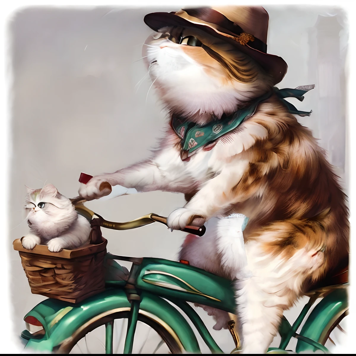 a cute nice, cute eyes fuzzy medium short haired white ragdoll cat riding a full sized classic street bicycle like a human, using the two peddles, two cat feet, with one small very white ragdoll kitten in the basket, photo realistic 24k resolution hyper detailed perfect anatomy, outside a French old city background on a sunny day.