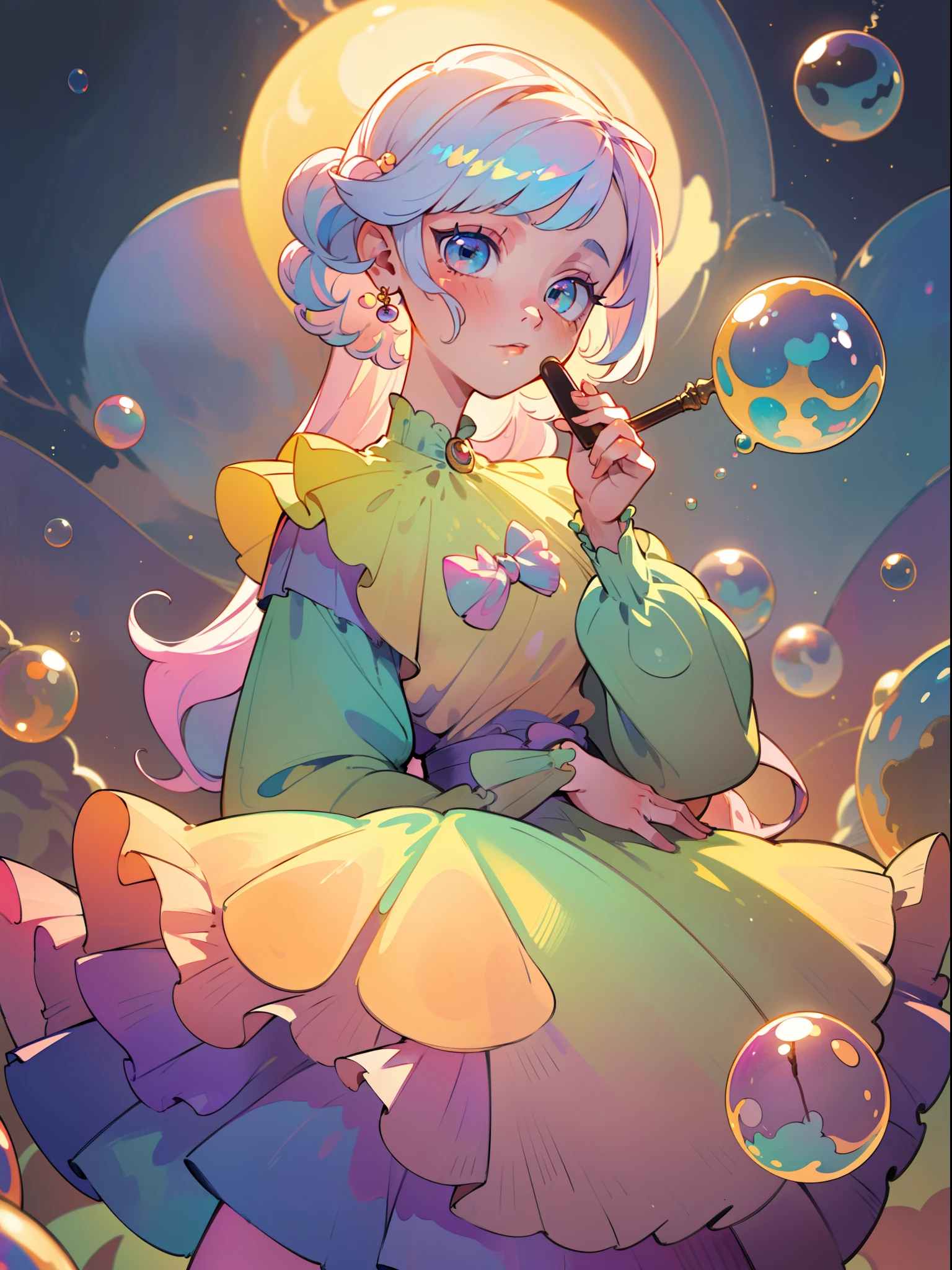 masterpiece, best quality, 8k resolution, sharp focus, intricate detail, beautiful girl, sparkling eyes, golden ratio face, otherworldly liquid, watercolor, pastel colors, bright colors, whimsical, colorful, sharp focus, high resolution, fine detail, ((layered tiered puffy long sleeves ballgown)), ((round eyes)), iridescent bubbles, fantasia background