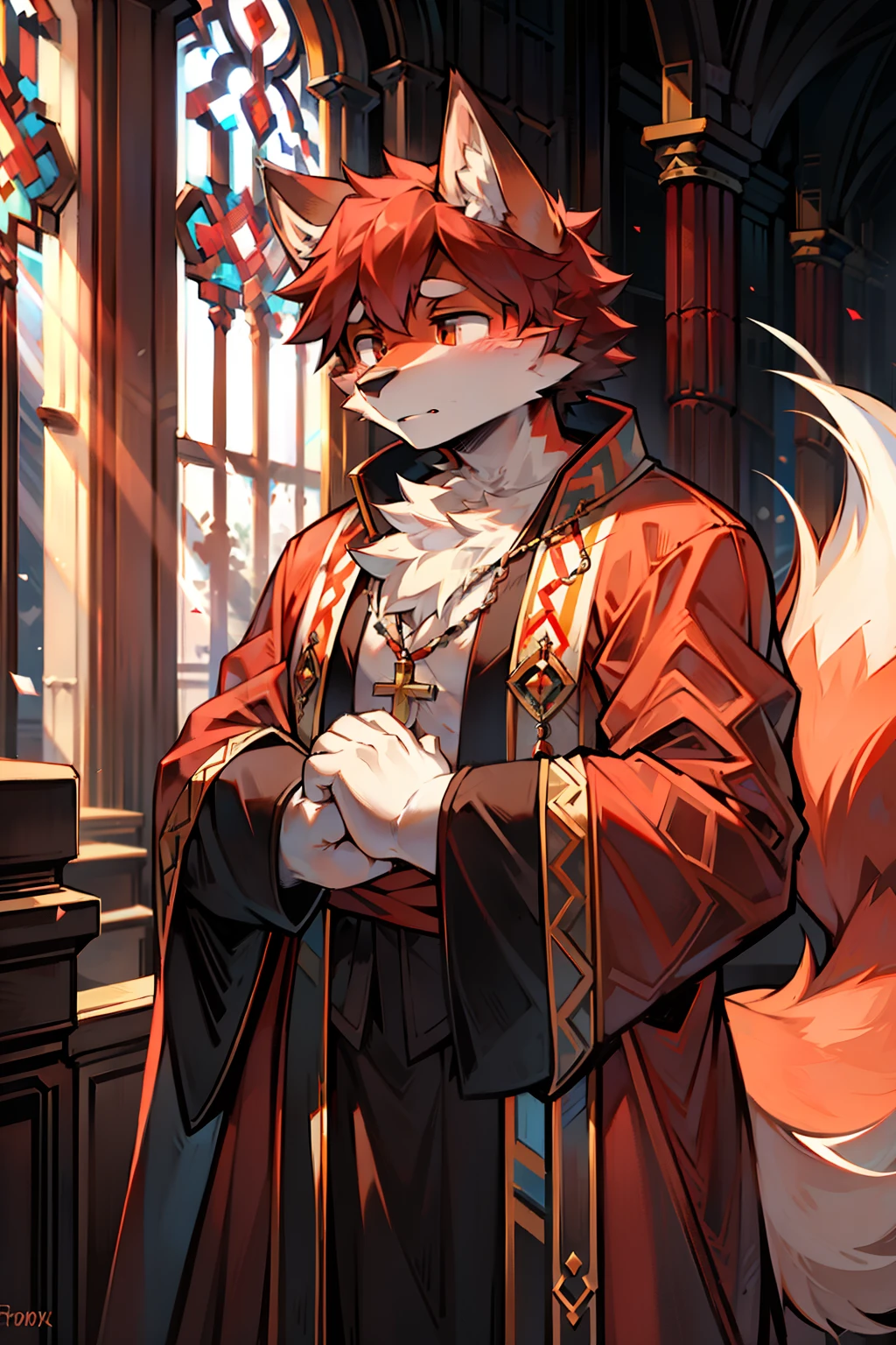 solo person,shaggy male,hairy chest,red fox,red fox,White fox,canid,Bullied,adolable,Handsome,large tail,full bodyesbian,stretched action,Robe,had his hands folded,Devout believers,In churches,The priest prays
