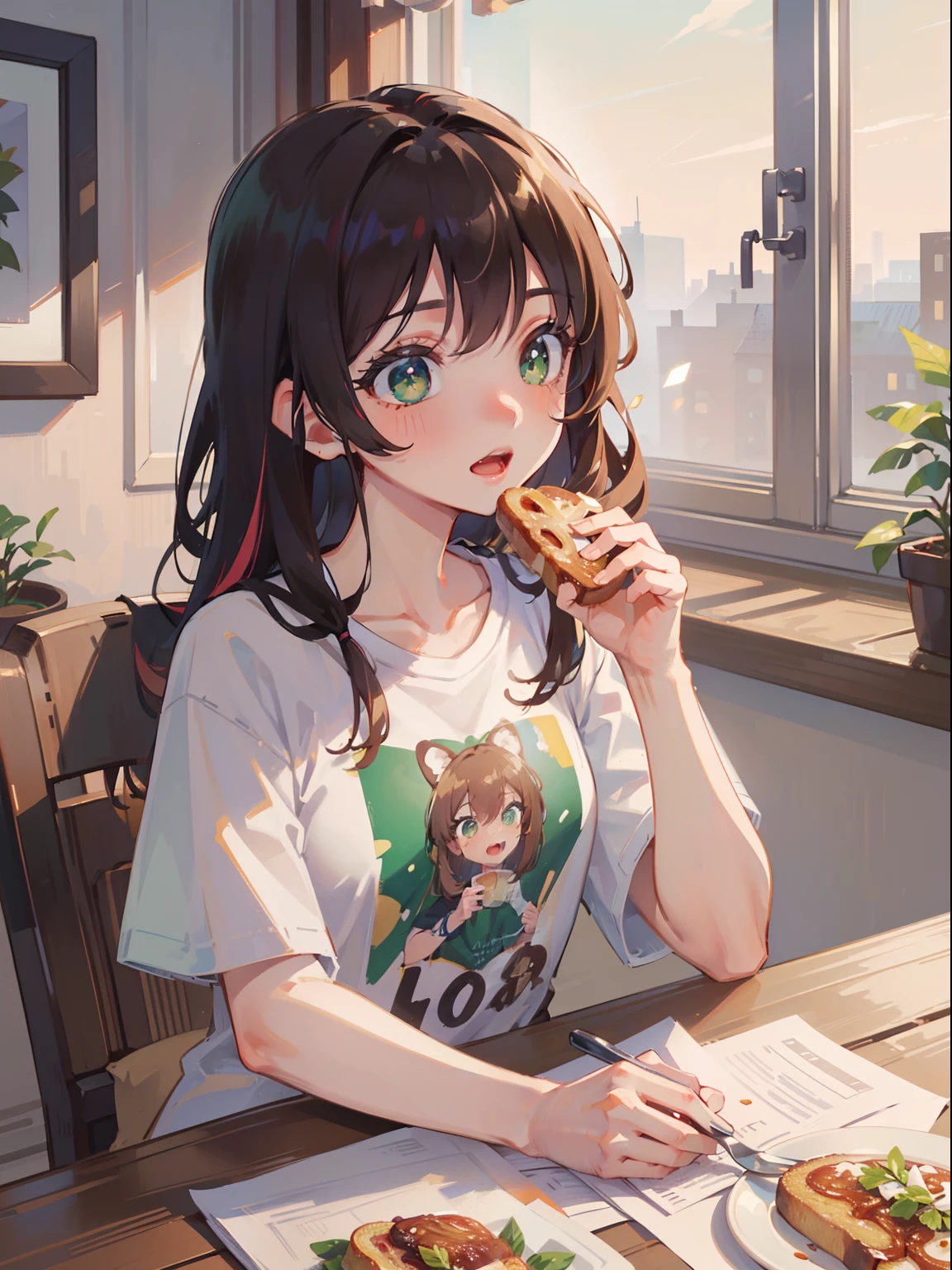 masterpiece), best quality, beautiful detailed hair detailed face, ultra high res, sharp focus, ((1 woman, solo)), perfect feminine face, upper body, medium close up, (warm pastel tone color), (at the morning time:1.5), in the dining room, sitting on the chair, eating toast, holding toast, cold coffee on the table, chesnut brown hair, ((beautiful shape eyes, green eyes)), open mouth, open lips, long hair, (colorful t-shirt:1.2), model pose
