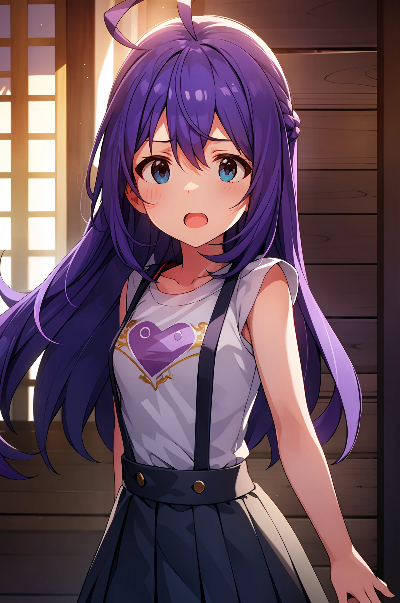 mochizuki anna,1girl in,Solo,Long hair,Purple hair,Medium chest.Ahoge,Blue eyes.Short stature.white t-shirts.suspenders.Skirt.Evening glow.the setting sun.Despair face.Sweat.Opening Mouth.up chest.Fighting stance.