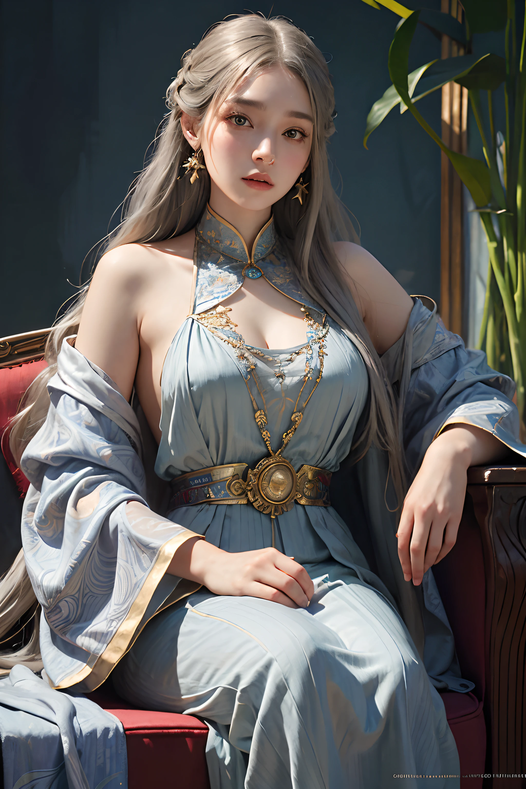 Surreal female portraits by David Hockney and Alphonse Mucha,Fantasyart,photographrealistic,动态照明,artstation,poster for,Volumetriclighting,Very detailed faces,4k,Award-Awarded,formal outfit,Long gray hair