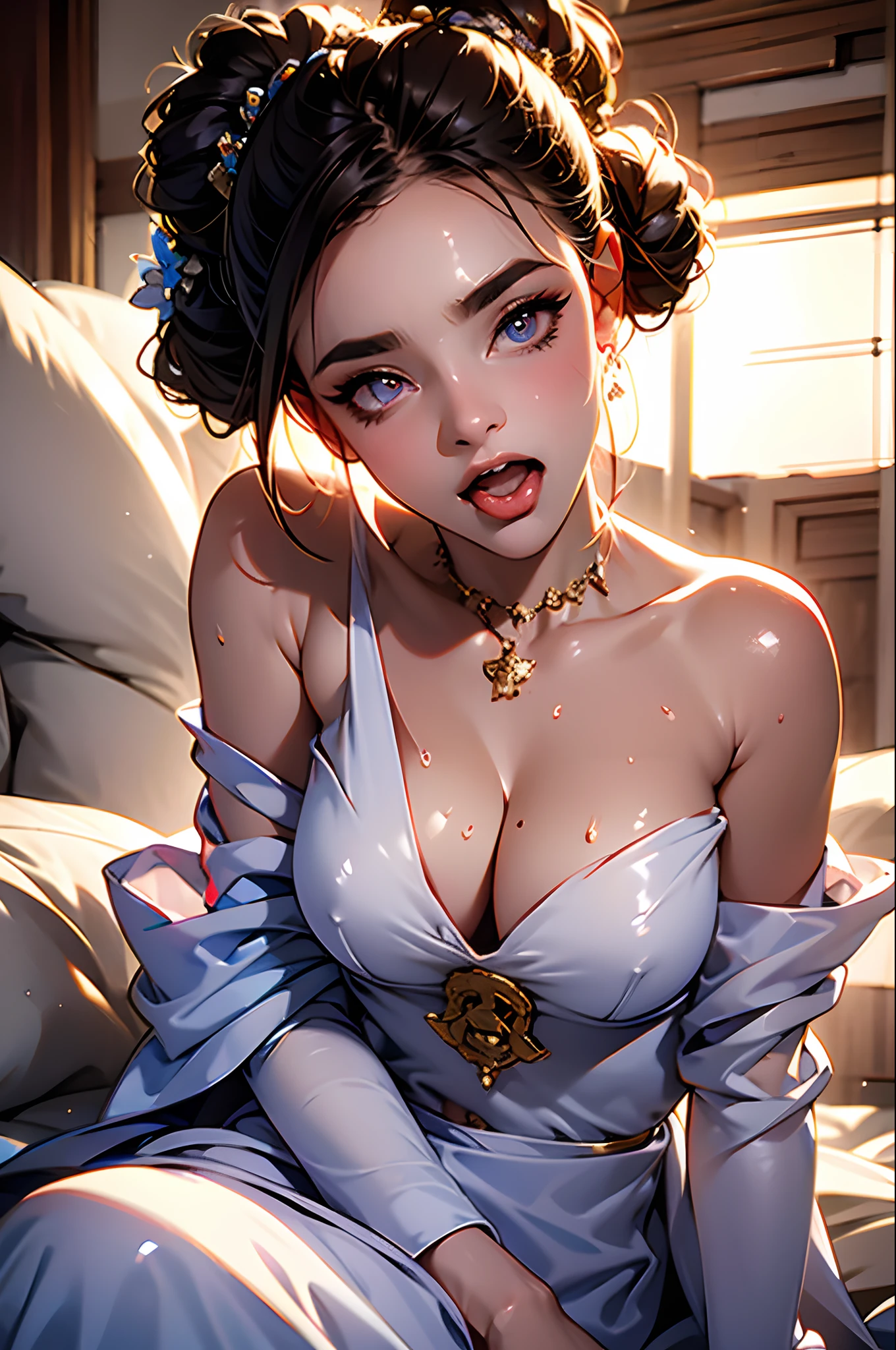 Princess Leia, fantasy, 1girl, human, large breasts, navel, naked, (masterpiece, best quality), side lighting, beautiful detailed eyes, slave chains, slave collar, lying on the bed, rolled eyes, tongue out, crazy, open mouth, screaming, ahegao, heavy breathing, blush, sweat, multicolored hair, hair bun, 16k, highres, best quality, award winning, high quality, high details, super detail, textured skin, anatomically correct, ccurate, retina, UHD, masterpiece, 16k, highres, best quality, award winning, high quality, high details, super detail, textured skin, anatomically correct, ccurate, masterpiece, UHD, retina