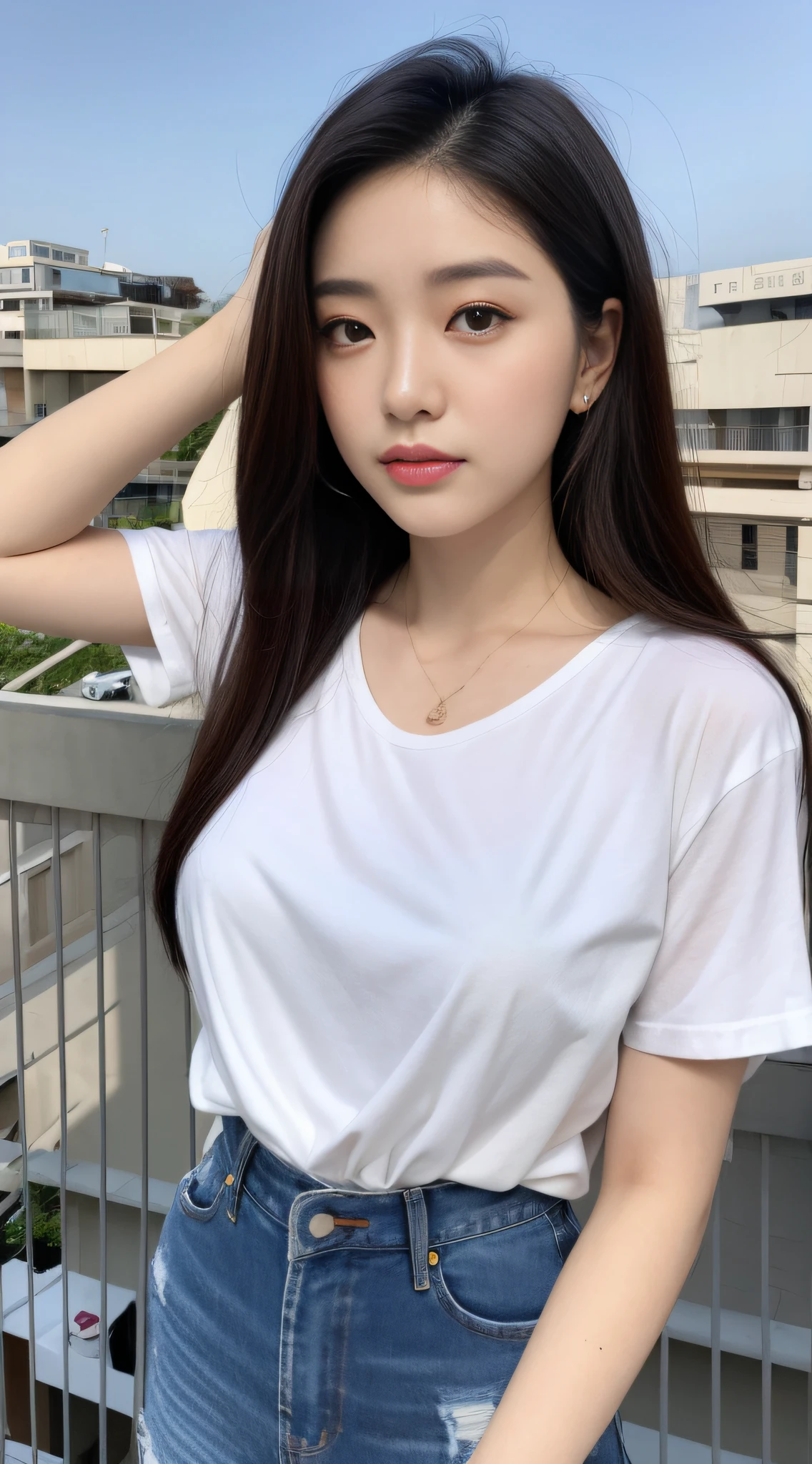 Arapei Asian woman posing on balcony,Wearing a white shirt and jeans, Gorgeous young Korean woman, Korean girl, pale milky white porcelain skin, smooth white tight clothes suit, beautiful Korean women, wearing tight shirt, beautiful smooth oval head, Beautiful young Korean woman, Smooth translucent white skin, Thick neck, wearing a cute top, hot with shining sun, Tight shirt
