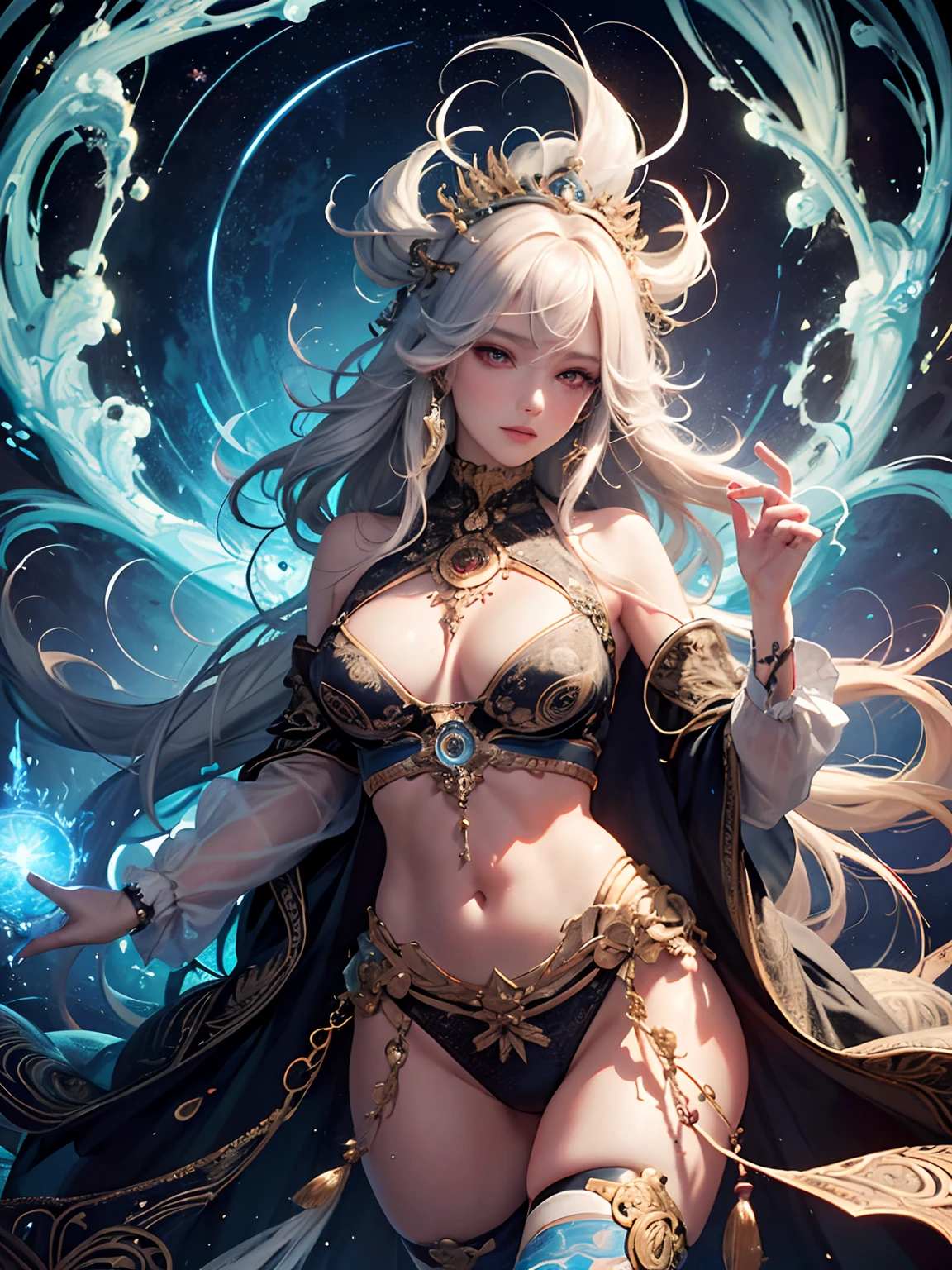 offcial art,统一 8k 壁纸,ultra - detailed,Beauty and aesthetics,tmasterpiece,best qualtiy,(zentangle,datura,Tangles,entangled),(s fractal art:1.3),1girl,The is very detailed,dynamic angle,cowboyshot,The most beautiful form of chaos,Elegant,Fauvist design,vivd colour,romanticism lain,Atmospheric,A note of ecstasy,streaming musical notes visible,Gray hair and red eyes