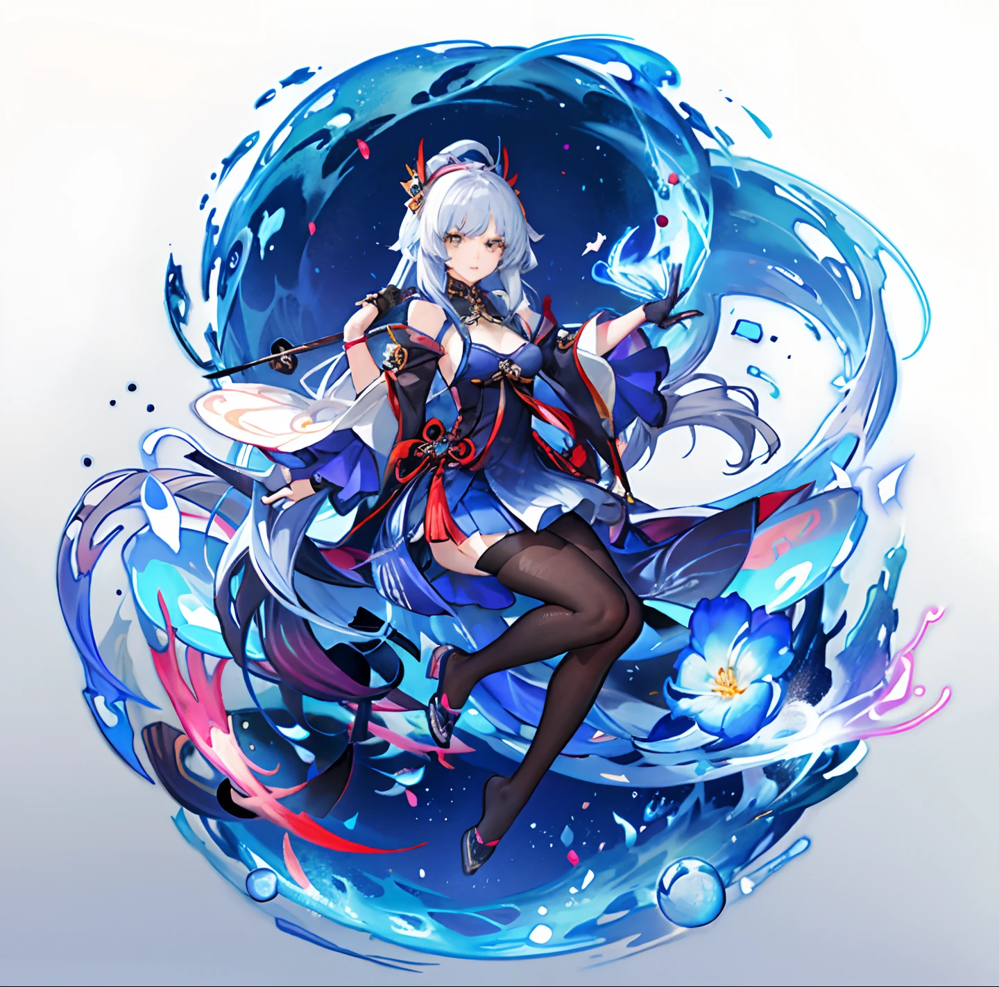 um close up de uma pessoa com um gato em uma prancha de surfe, Keqing de Genshin Impact, Impacto de Ayaka Genshin, Personagem Genshin Impact, ayaka jogo Genshin impact, Mizutsune, arte detalhada onmyoji, Genshin, arte oficial do personagem, holo is a wolf girl, holo se uma lobo