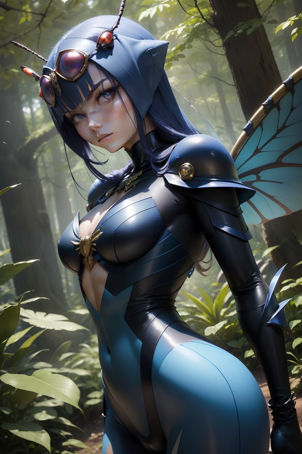 Insect humans、Dragon Flywoman、Fearsome mutants、Phantom of the Insect Face、Antennae on the head、Eyes are compound eyes、4 wings on the back、On the chest the emblem of a dragonfly、skinny body、Blue body、forested background、full-body view、Overexposed、
