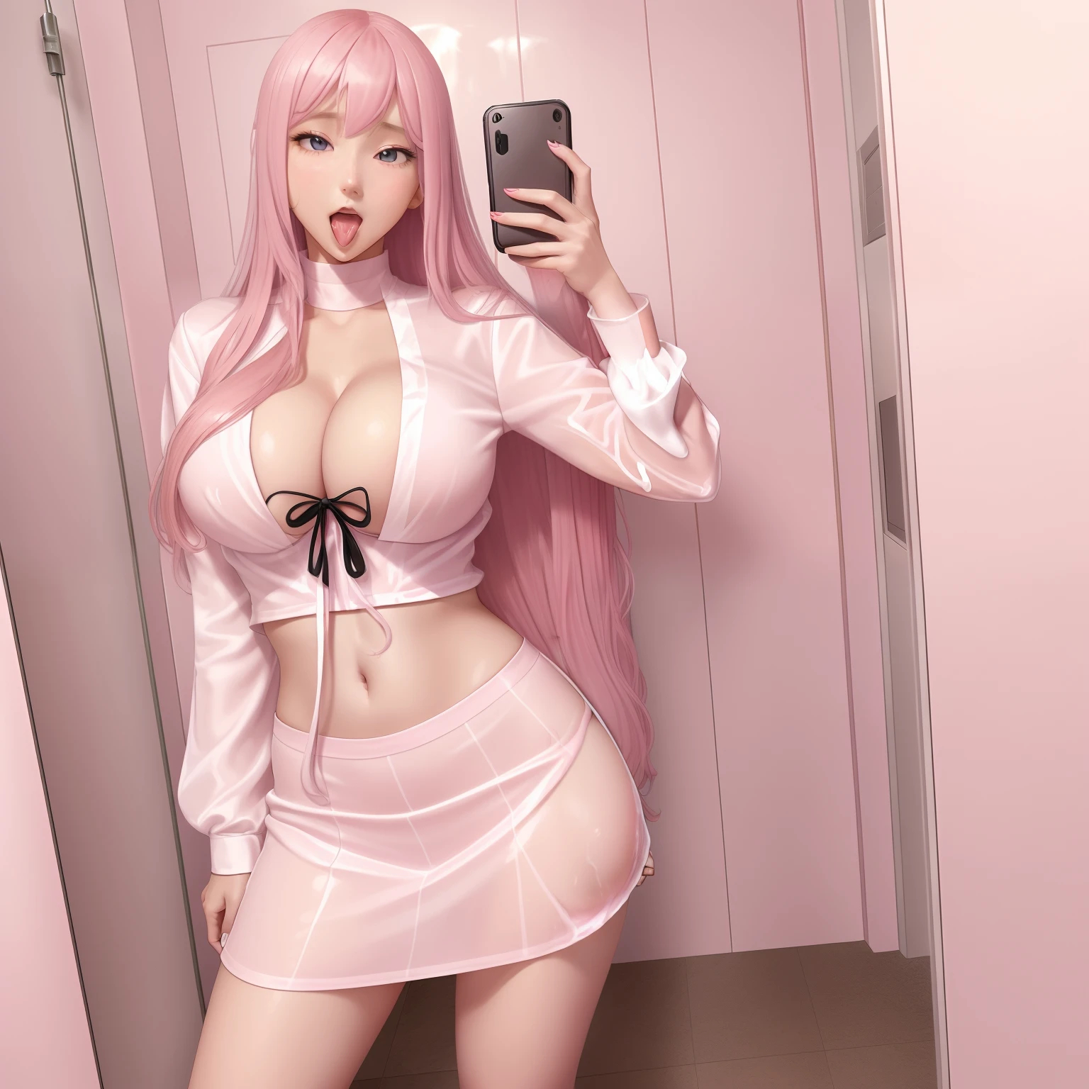 girl,Seraphine,long pink hair,he tall,sexy,super big breast,(P cup),age 17,standing in bathroom,full body wet milk,long shirt and mini skirt wet milk outfit,playing cellphone,selfie and one hands squeeze breast,happy detailed face,tongue stuck out