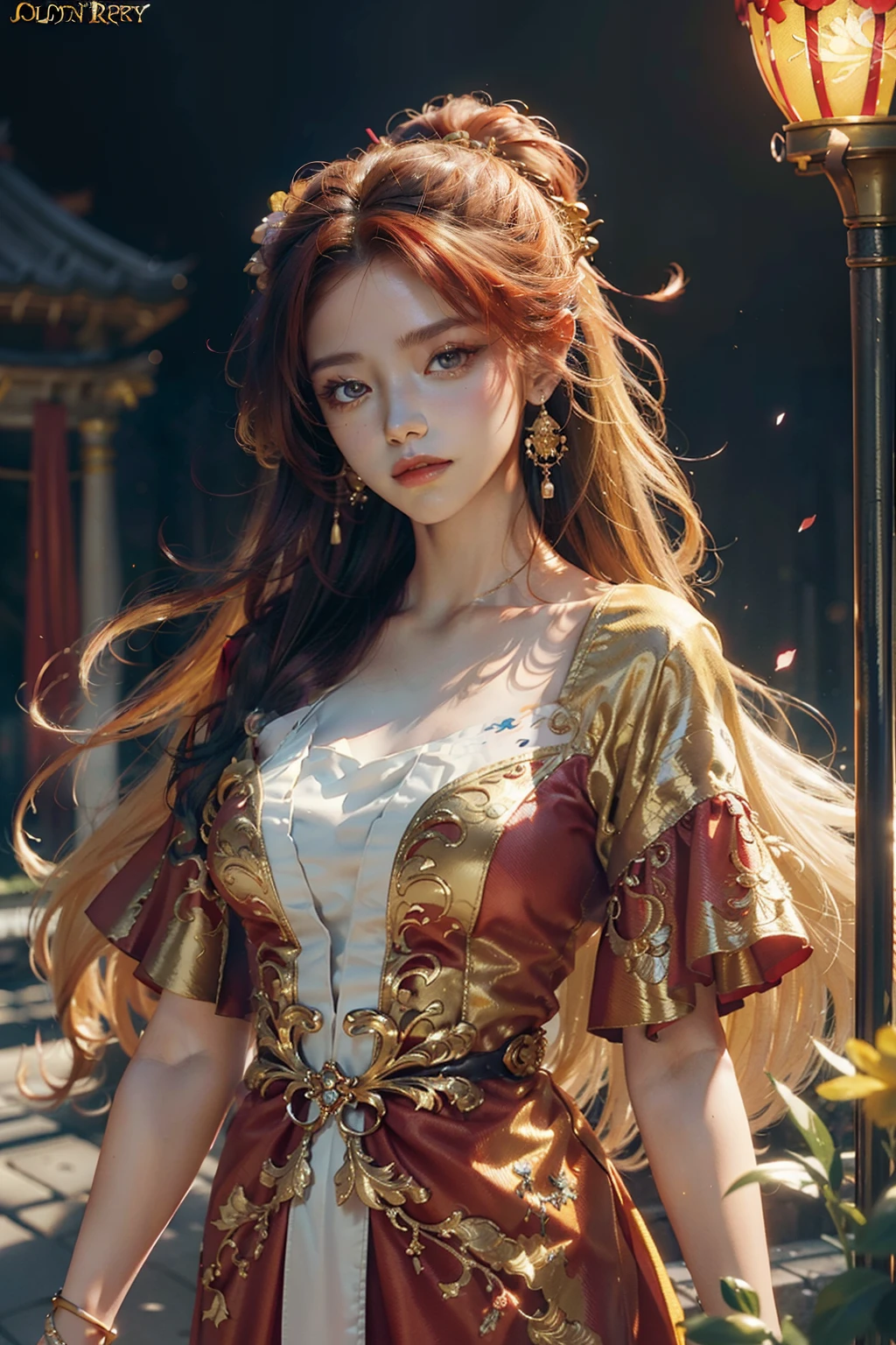 Masterpiece, Top Quality, Best Quality, Extreme Detail, Highest Detail, Official Art, Beauty and Aesthetics: 1.2), Colorful, Denim Lens, Upper Body Shot, Beautiful Face, Perfect Body, Superb Body, Masterpiece, High Resolution, (Exquisite Body: 2.0), Stunning Beauty, (Milky Skin: 1.5), Exquisite Details, High Resolution, Wallpaper, 1 Female, Solo, Dress, (((Golden Red Dress)) ), Long white hair, fox tail, Charming smile, gorgeous accessories, Short sleeves, , Big eyes, Fluttering Hair, Hanfu,, Embroidery, Long Dress, Feminine Pose, Falling Petals, Kong Ming Lantern, 16K, HDR, High Resolution, Depth of Field, (Film Grave: 1.1), Bocon (Lens Glow), Vignette, Rainbow, (Color Grading: 1.5) ((Watercolor by John Berkey and Jeremy Memman)) Brush Strokes