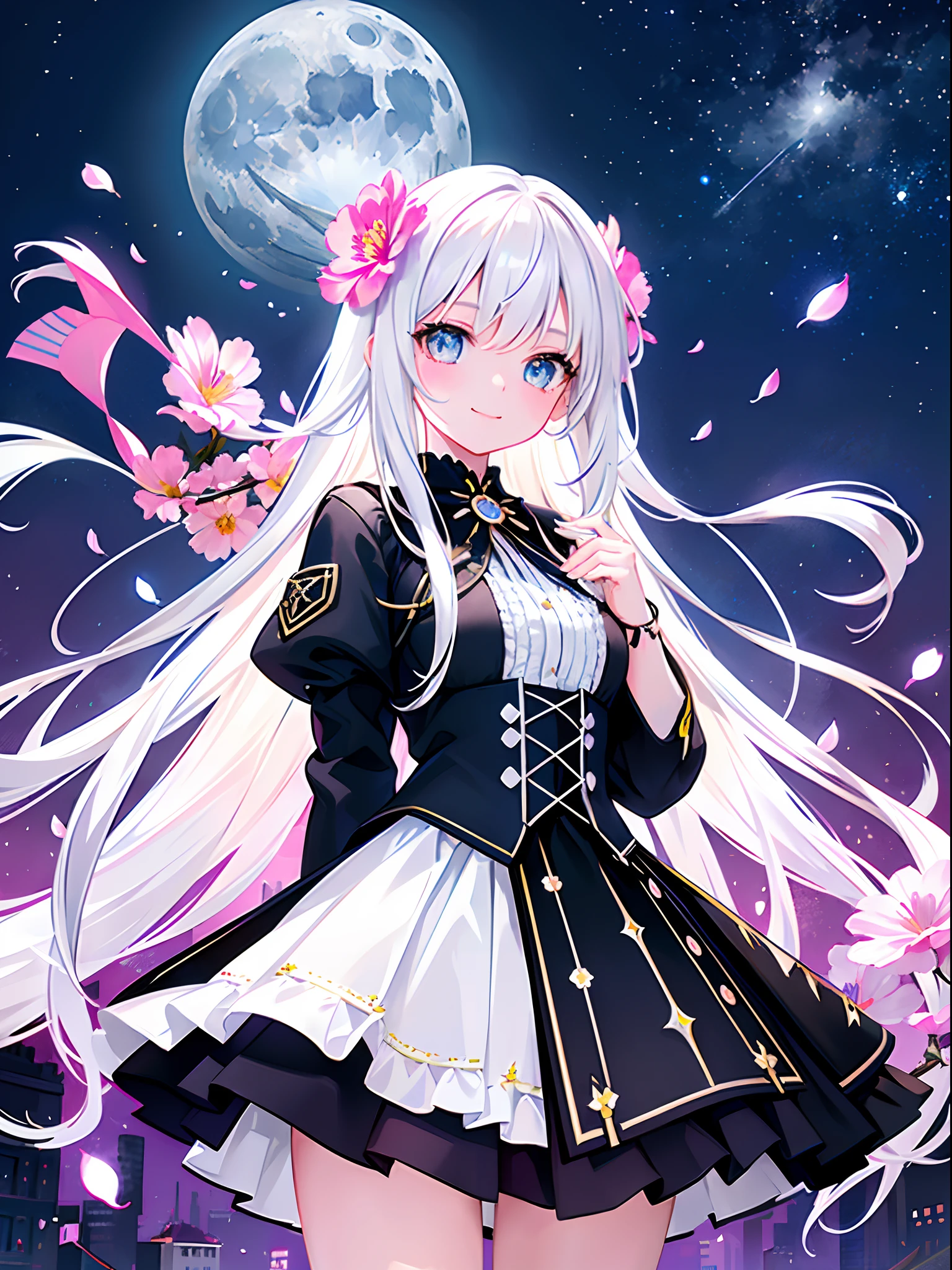 masterpiece, best quality, 1girl, (colorful),(finely detailed beautiful eyes and detailed face),cinematic lighting,bust shot,extremely detailed CG unity 8k wallpaper,white hair,solo,smile,intricate skirt,((flying petal)),(Flowery meadow) sky, cloudy_sky, building, moonlight, moon, night, (dark theme:1.3), light, fantasy,