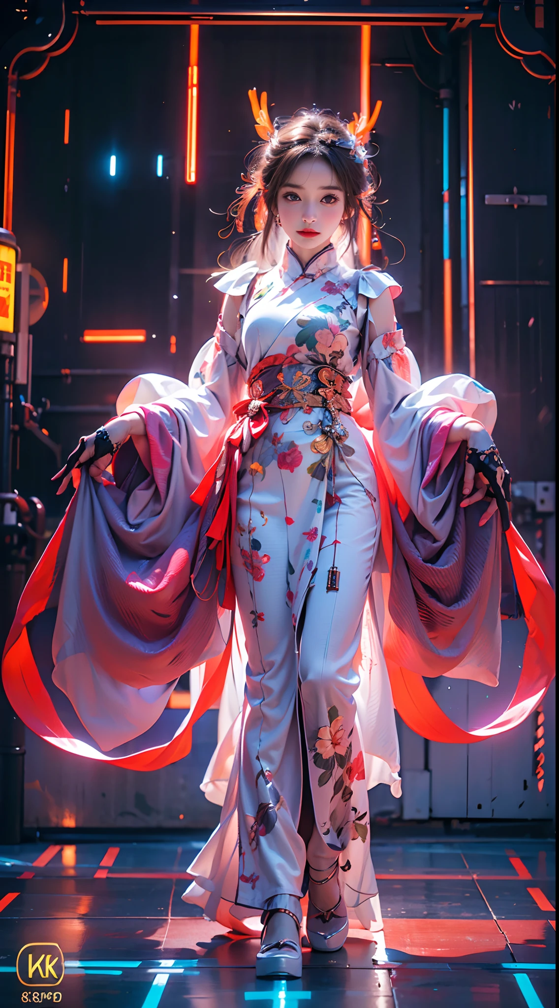 1 girl solo, perfect_hand, (8k, RAW photo, best quality, masterpiece:1.2), (realistic, photo-realistic:1.4), (extremely detailed CG unity 8k wallpaper),full body, (neon lights), machop, mechanical arms, hanfu, Chinese clothes, dress,