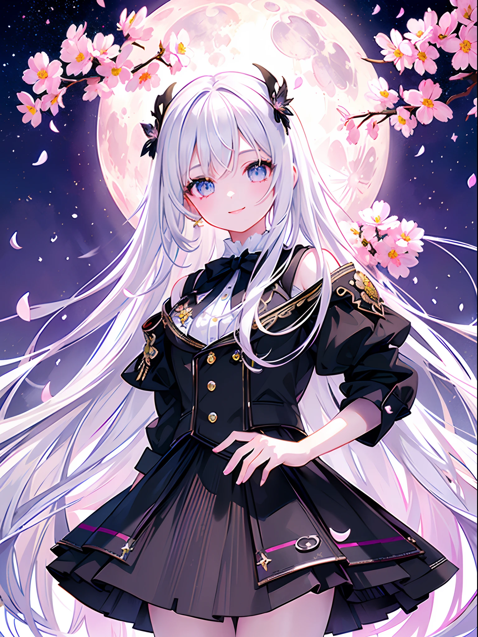 masterpiece, best quality, 1girl, (colorful),(finely detailed beautiful eyes and detailed face),cinematic lighting,bust shot,extremely detailed CG unity 8k wallpaper,white hair,solo,smile,intricate skirt,((flying petal)),(Flowery meadow) sky, cloudy_sky, building, moonlight, moon, night, (dark theme:1.3), light, fantasy,