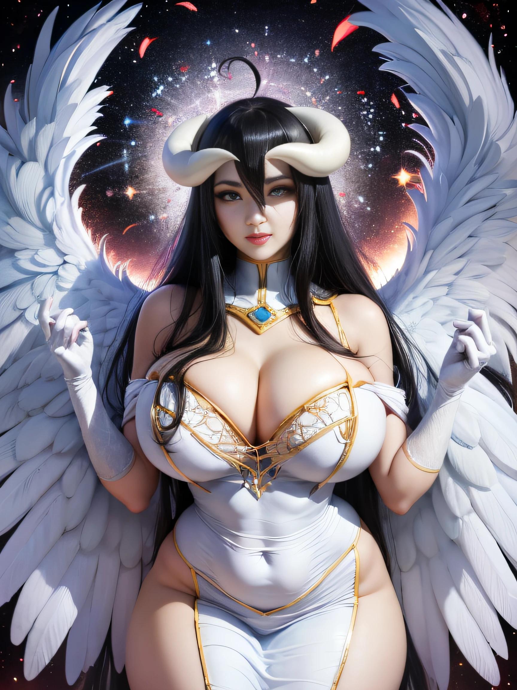 perfect beautiful face, masterpiece, best quality, highres, al1, demon horns, slit pupils, white gloves, white dress, bare shoulders, detached collar, cleavage, black wings, feathered wings, low wings, cowboy shot, standing, smile, dungeon, evil smile, white dress, huge boobs, huge ass, nasty, sexy, al1, demon horns, white gloves, white dress, bare shoulders, detached collar, cleavage, slit pupils, black wings, feathered wings, low wings, huge boobs, huge ass, juicy thick thigh, white horn