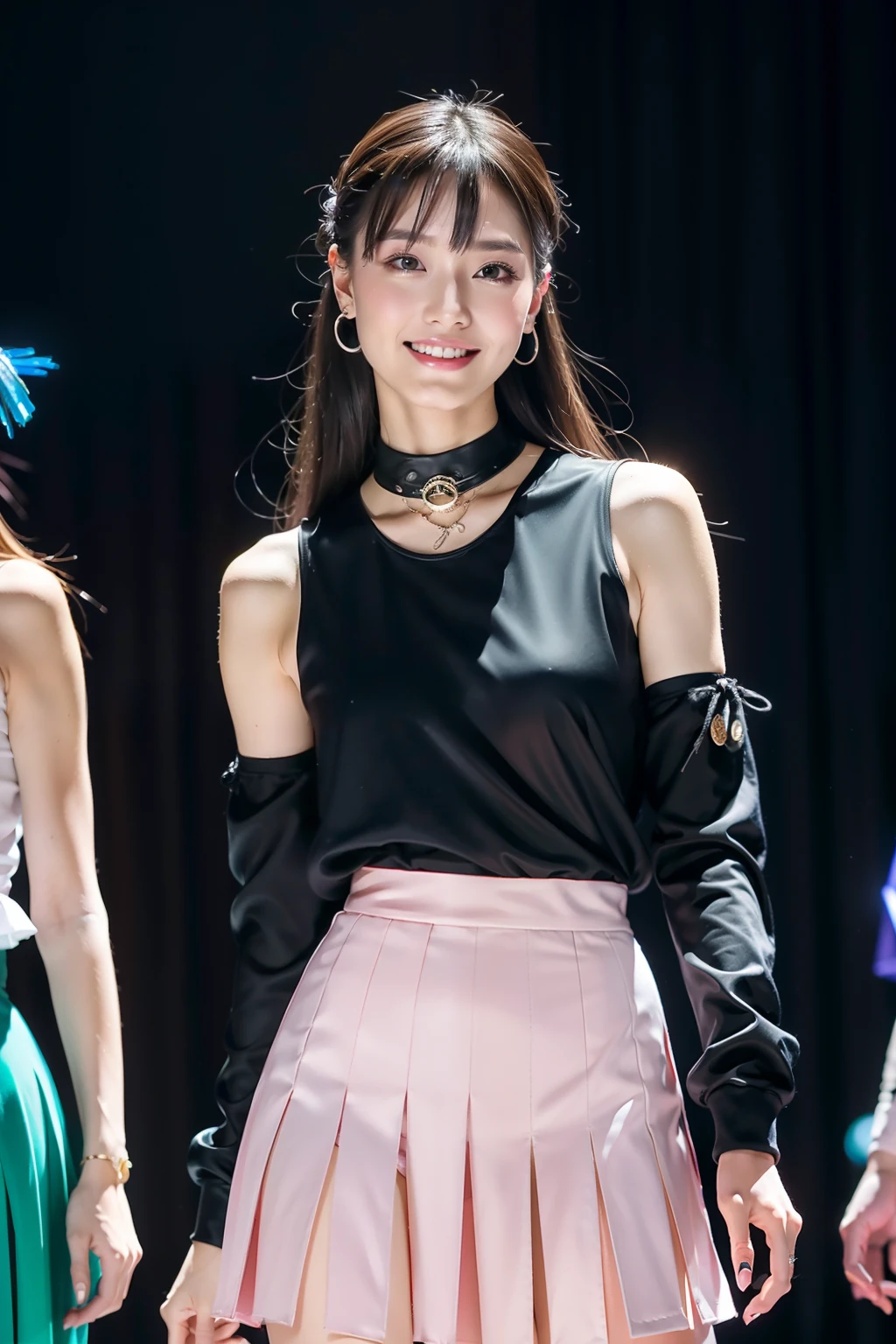 （8K分辨率，fully body photo，Realistic wallpapers），（1 female，18yr old，（Ikeda's facial features：1.6，Broad bone surface，babyfat，s delicate face），com rosto detalhado，（Delicate Japanese makeup，Stage pop makeup），Lovely face，com rosto detalhado，详细的脸，Ultra-fine makeup，Black colored eyes，（Look into the distance），Long black straight hair，（By bangs，dual horsetail，Messy hair，Messy has layers），Redlip，Fair smooth skin，（Best Skin Type：1.21），mediuml breasts，（Daily Student Clothing，pleatedskirt，（materpiece：terylene，Lycra cotton，elasticity），Crystal hairpins，耳Nipple Ring，Fashion necklace，high-heels），Tall and tall，perfect hand，Ultra-fine clothing material），（Stage performances，Exquisite stage details，（Vista view of the catwalk，Outdoor catwalk，Tokyo fashion show，neonlight，There were a lot of spectators in the audience，Model on the catwalk）），（exhilarated，confident smile，Rejoice），（Various stage lighting assistance，profesional lighting，动态照明），（（vibrant with colors，Reserved，ellegance，vivaciousness，（white colors，purpleish color，blue colors，In pink））），（Golden section，Cinema lenses，Hasselblad photograp，tmasterpiece：1.3），（Pure，adolable，Sunny and lively，petite，boisterous，dream magical，Little woman，trendsetting，Street style，Artis，Art platform