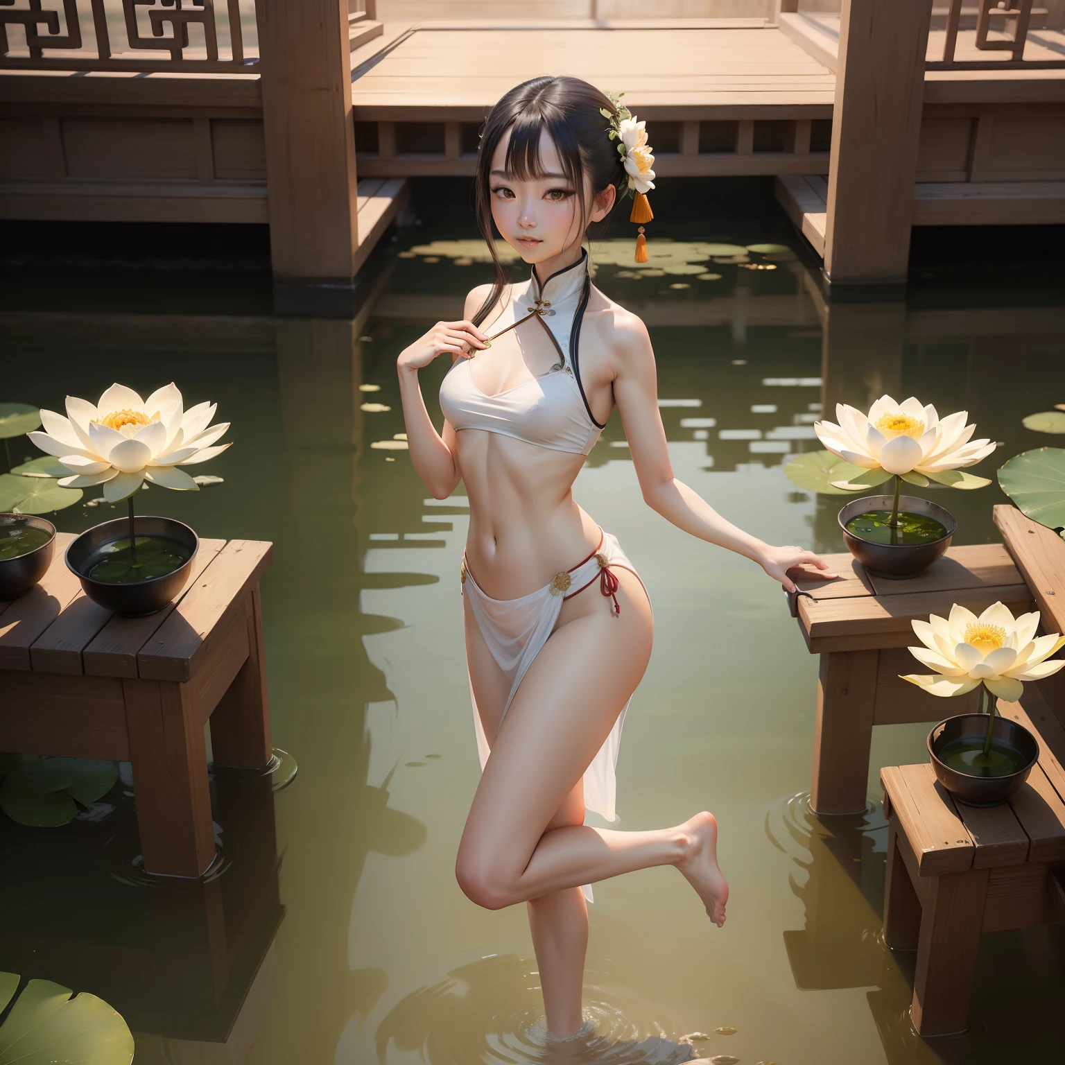 ((4K,Masterpiece,Best quality)),  Traditional Chinese painting, lotuses, no clothes are worn, Solo,  ssmile, standing on your feet, feet in water, The barefoot,Reveal full chest，