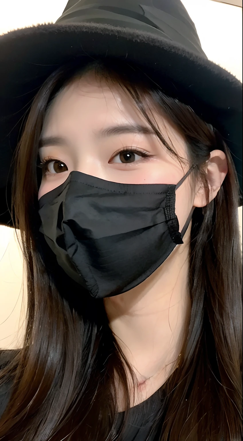 Chupipareta Photorealistic、(Glass black)、brown haired、35 year old、Small pimples、Wearing a Black Witch Hat、I'm wearing a mask