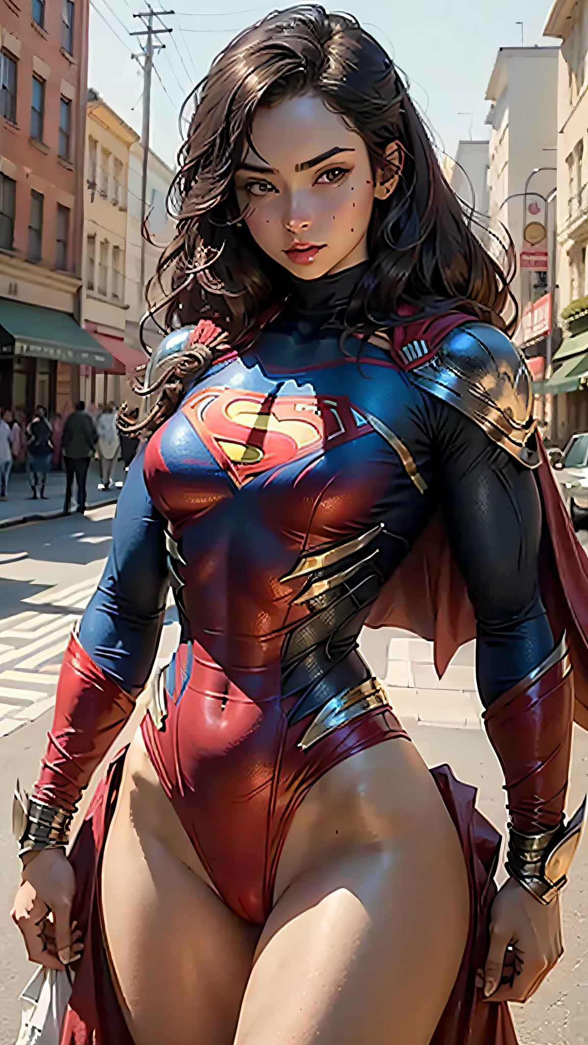 Beautiful woman detailed defined body using superman man cosplay, small breasts
