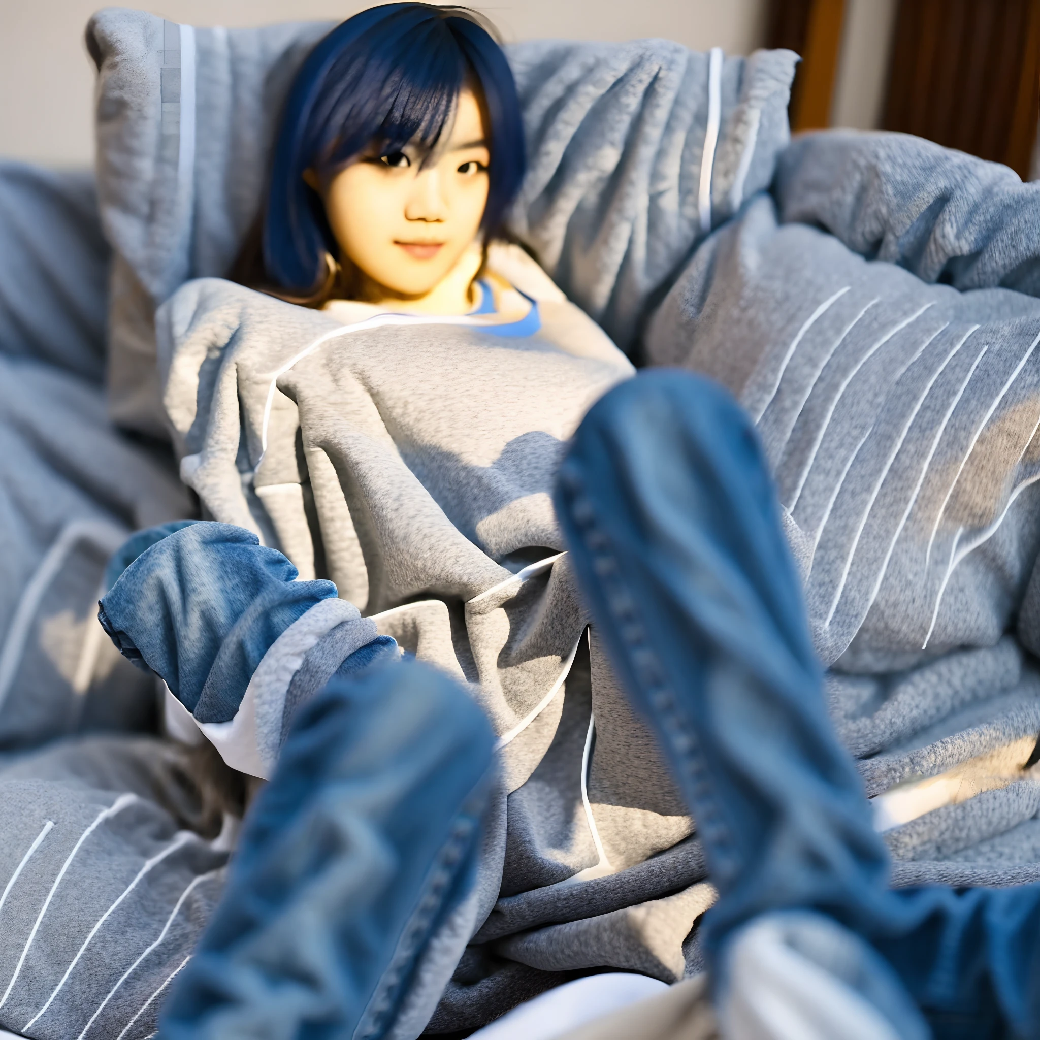 Masterpiece, Best_quality, 1girll, Solo, Sleeping, Lying on the couch, White sweatshirt, long jeans, Socks, Perfect face, 4K, hdr, Full-HD, hdr, proper lighting, Late afternoon,