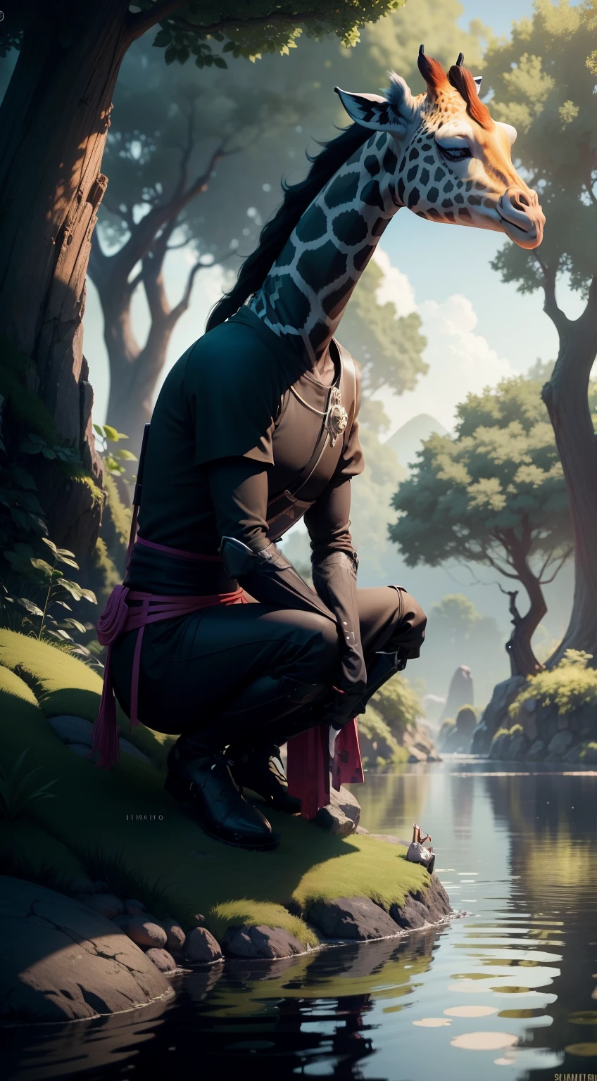 create a vibrant dark fantasy cute ninja giraffe in a clean-lined minimalistic cartoon style, in the background a pond with greenery all around on a fabulous evening, octane render, 8k