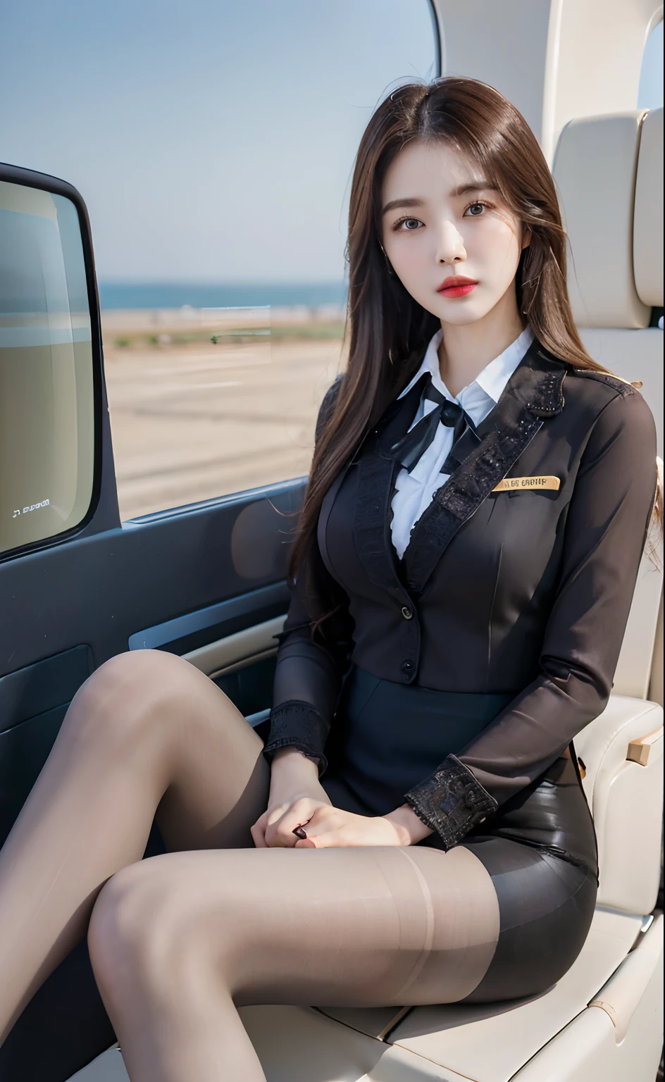 (best quality, masterpiece, intricate details:1.4),
1 girl, solo, (korean mixed, kpop idol:1.2),
pale skin,looking at viewer, facing front, medium breasts, slim, (airplane interior:1.2), stewardess, (stewardess uniform:1.3), ((pantyhose)), high heel, perfect face, red lips, mature female, makeup,