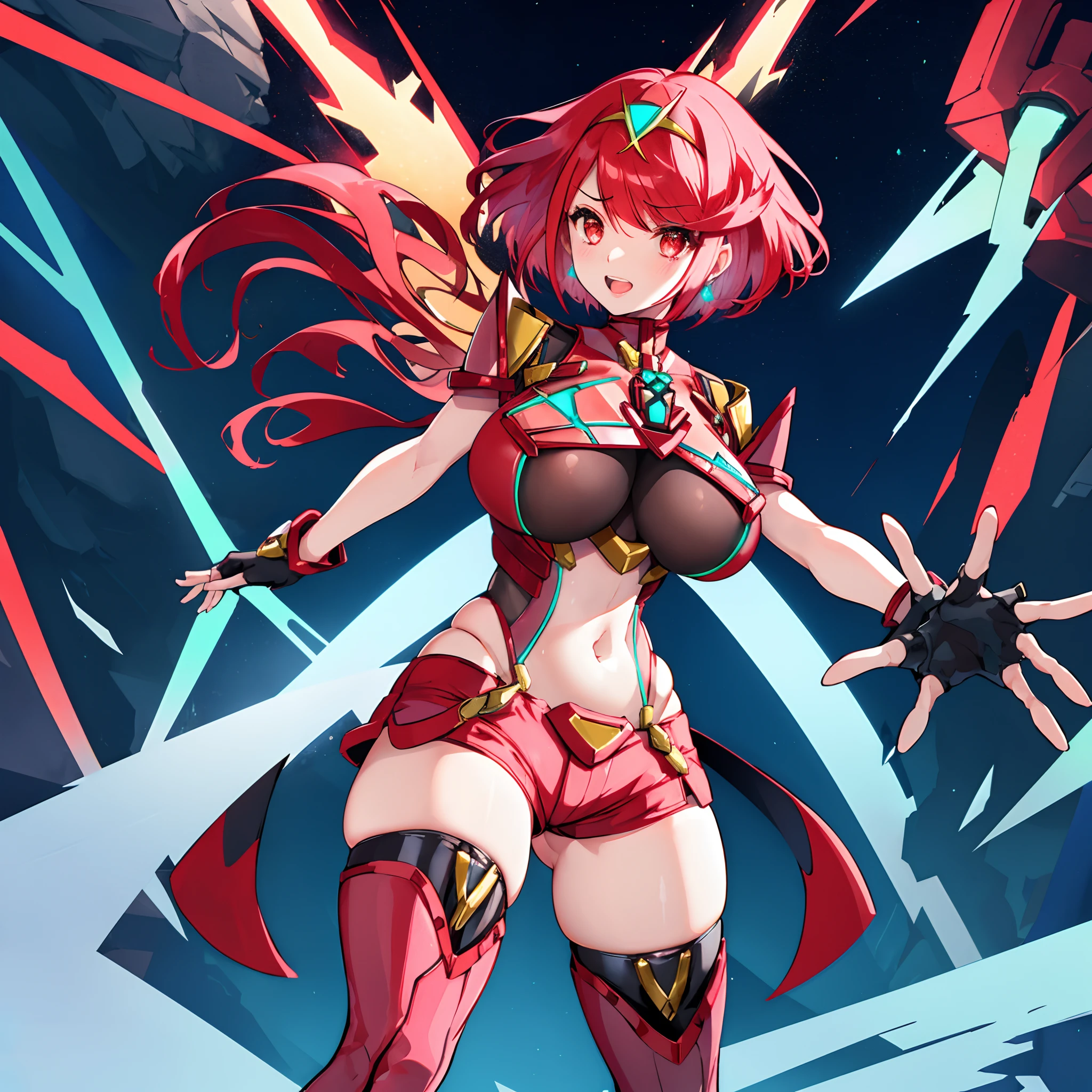 pyra \(xenoblade\), _1girl, armor, bangs, black gloves, breasts, red eyes, closed mouth, earrings, eyelashes, fingerless gloves, floating hair, framed breasts, gem, gloves, hair ornament, headpiece, jewelry, big_breasts, leaning back, leotard, neon trim, official art, pose, red hair, red shorts, saitou masatsugu, short hair, short shorts, short sleeves, shorts, sidelocks, skin tight, solo, standing, swept bangs, thighhighs, tiara, night_prairie_background, turtleneck, underbust, vambraces, xenoblade chronicles \(series\), (xenoblade chronicles 2), apart_legs, fire_effect,dynamic_pose,fighting,light_smile, (plump:1.1), big_ass,huge_sword, hold_large_sword_hilt, solo, covered_nipples, covered_pussy,open_mouth,back_view, fists,