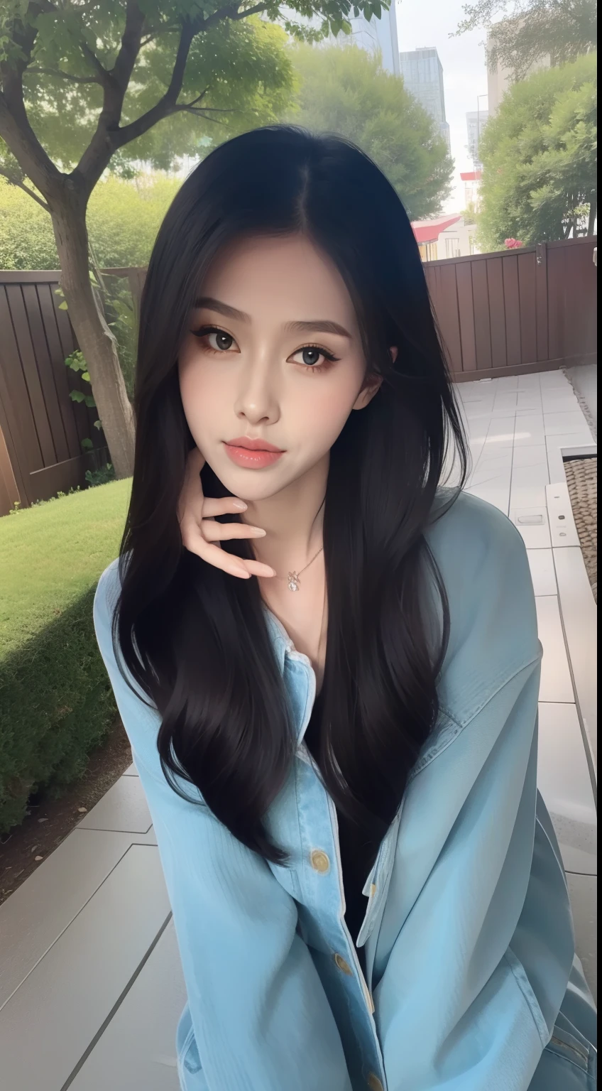 Fashion model 18 years old [[[[closeup cleavage]]]], [[[[boobgasm]]]], [[[[coll]]]], [[[[bshoulders]]]], perfect  eyes, Perfect iris，Perfect lips，perfect teeth，Perfect skin，with fair skin，Long face，slender nose，tall nose bridge，Soft front light，hdr，Movie girl，Simple clothing，brunette color hair，long whitr hair，Long black hair，The background is outdoors，Green trees（pastel colour：1.2）