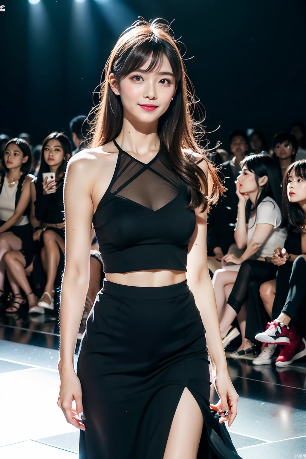 (8K分辨率,fully body photo,Realistic wallpapers),(1 female,18yr old,(Ikeda's facial features:1.6,Broad bone surface,babyfat,s delicate face),com rosto detalhado,(Delicate Japanese makeup,Stage pop makeup),Lovely face,com rosto detalhado,详细的脸,Ultra-fine makeup,Black colored eyes,(Look into the distance),Long black straight hair,(By bangs,dual horsetail,Messy hair,Messy has layers),Redlip,Fair smooth skin,(Best Skin Type:1.21),mediuml breasts,(Daily Student Clothing,pleatedskirt,(materpiece:terylene,Lycra cotton,elasticity),Crystal hairpins,耳Nipple Ring,Fashion necklace,high-heels),Tall and tall,perfect hand,Ultra-fine clothing material),(Stage performances,Exquisite stage details,(Vista view of the catwalk,Outdoor catwalk,Tokyo fashion show,neonlight,There were a lot of spectators in the audience,Model on the catwalk)),(exhilarated,confident smile,Rejoice),(Various stage lighting assistance,profesional lighting,动态照明),((vibrant with colors,Reserved,ellegance,vivaciousness,(white colors,purpleish color,blue colors,In pink))),(Golden section,Cinema lenses,Hasselblad photograp,tmasterpiece:1.3),(Pure,adolable,Sunny and lively,petite,boisterous,dream magical,Little woman,trendsetting,Street style,Artis,Art platform