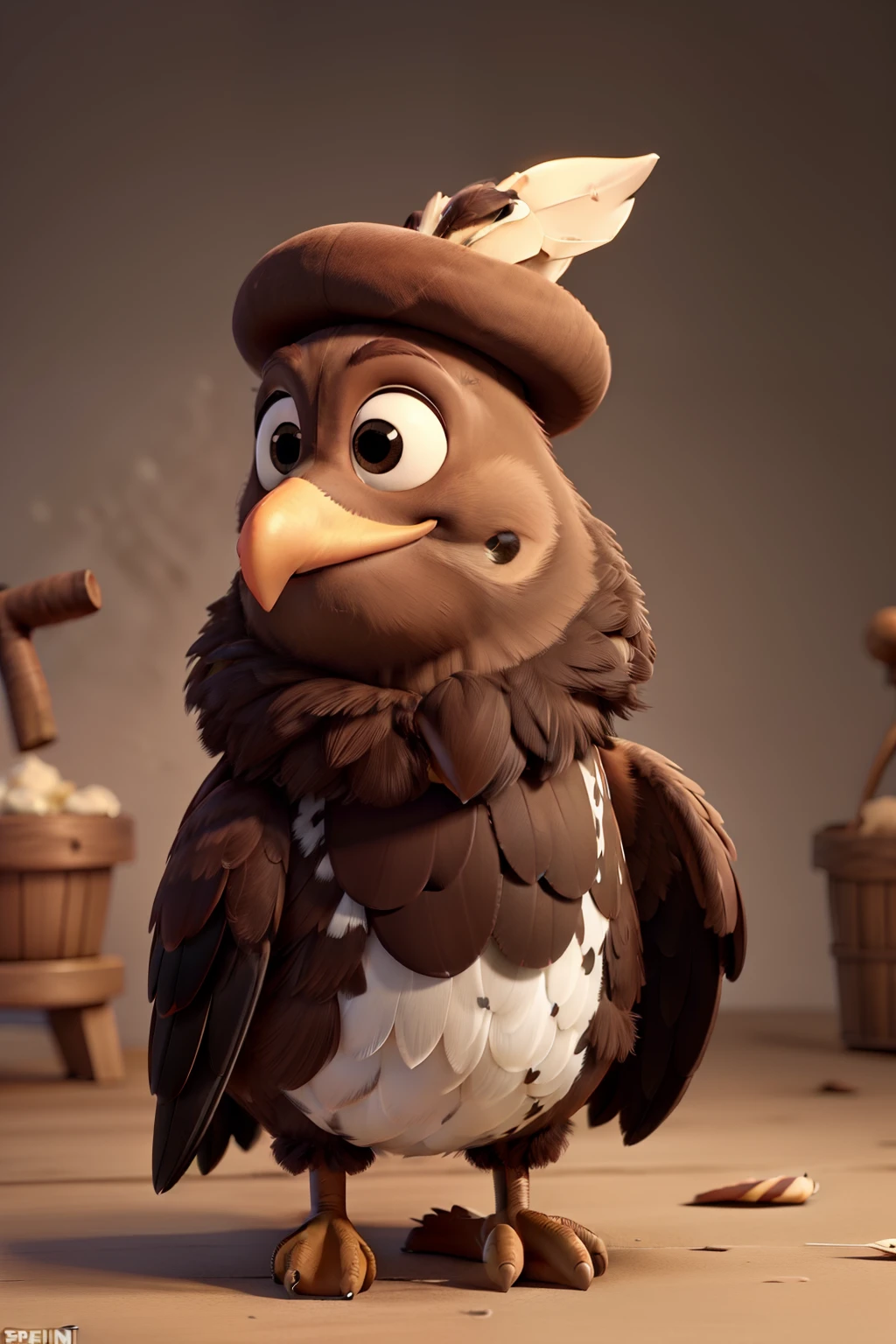 stout brown bird with speckled feathers, always looking too serious and smug for his own good. He wears a tiny mail cap