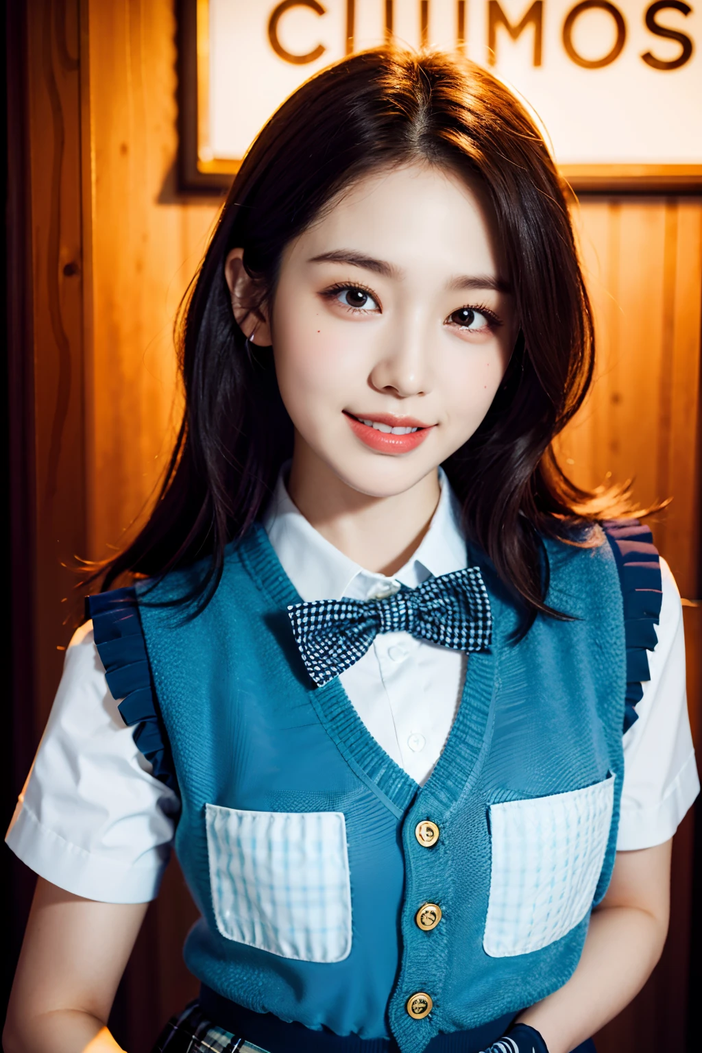 (((medium hair))), best quality, 8K, HDR, highres, absurdres:1.2, blurry background, bokeh:1.2, Photography, (RAW photo:1.2), (photorealistic:1.4), (masterpiece:1.3), (intricate details:1.2), 1girl, solo, japanese girl, delicate, beautiful detailed, (detailed eyes), (detailed facial features), petite, (((small breasts))), skin tight, (looking_at_viewer), from_front, (skinny), (best quality:1.4), (ultra highres:1.2), cinema light, (extreme detailed illustration), (lipgloss, best quality, ultra highres, depth of field, caustics, Broad lighting, natural shading, 85mm, f/1.4, ISO 200, 1/160s:0.75),1girl, solo, (((blue vest))) smile, ((school uniform, pleated skirt with checker pattern, classroom))