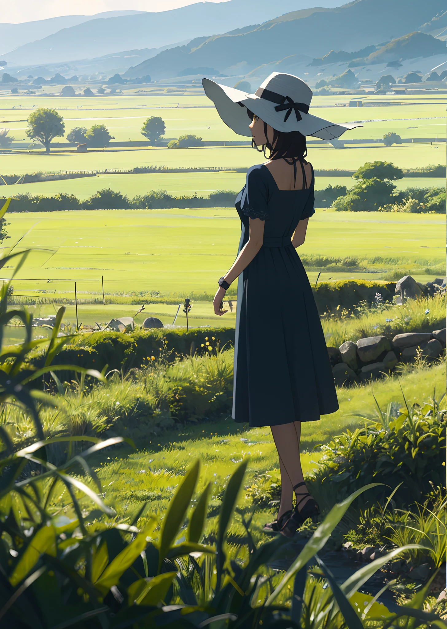 grass field，Dark blue dress，Back Shadow，sunhat，Watch from afar