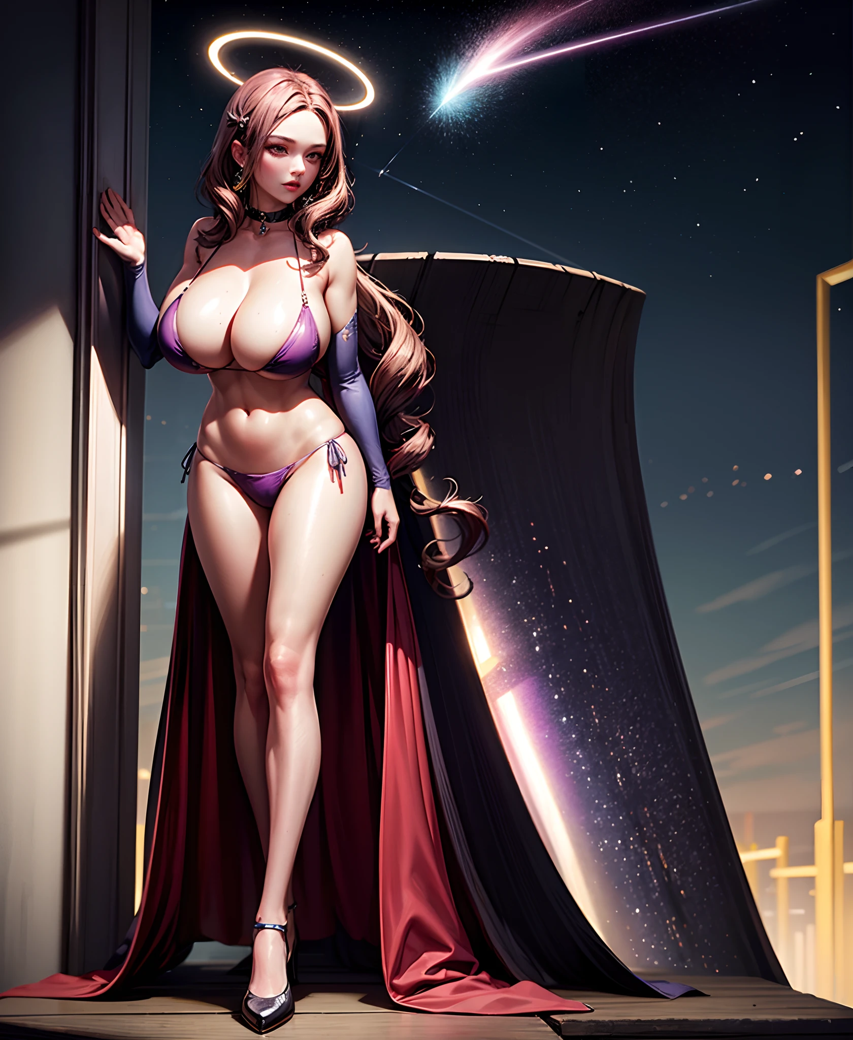 ((8K,tmasterpiece,realisticlying,The most beautifully illustrated),(((Bust photo)))(Hyper-detailing,Ultra-clear,naturey),((Purple wavy extra-long curls):1.3,choker necklace,ear jewelry,Pink and moist lips,),1 busty girl,the night,On a luxury cruise ship,Beautiful views of the sea,Extra long purple hair,Purple coiled hair,Hair is shiny,Halo galaxies,(light stre),striking visual effects,(dynamic streaks,Luminous trajectory:1.2),vivd colour,的女孩,Tube top bikini,Elegant and beautiful hairpins,Wavy black hair,naked leg,Reasonable movements,gigantic cleavage breasts,Slender beautiful legs,Stretch meat,Fair and moisturized skin