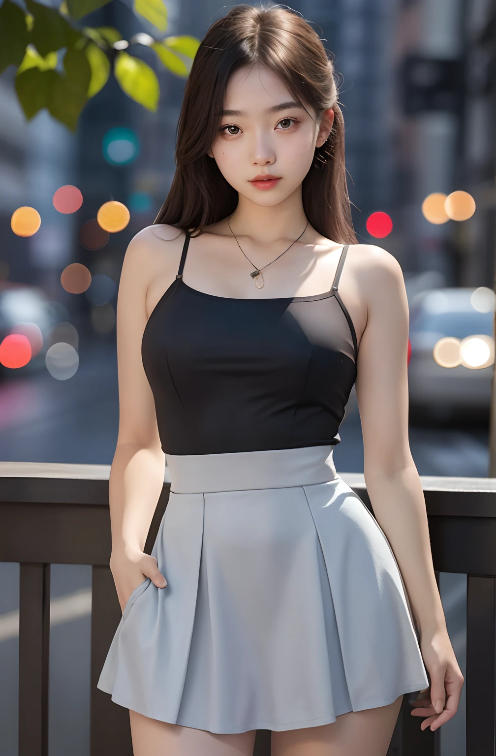 1girl, cute, , sexual expression, look at viewer, spaghetti strap top ,high waist short skirt bodycon, photo, realistic, best quality, hires, detailed face, detailed background, diffused lighting, depth of field, bokeh,