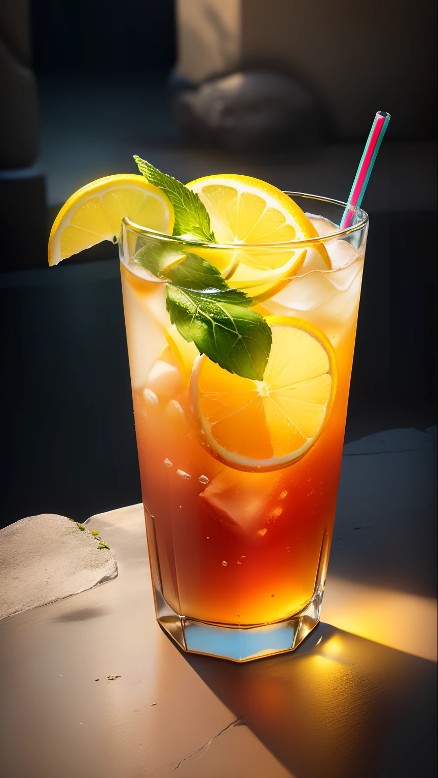 Masterpiece, best quality,Realisticstyle, (best shadow), drinking a glass of soda on a stone, a soft drink with lemon, mint leaves and bubbles, yellow gradient to blue, very cool, colorful straws, isometric 3D, octane rendering, ray tracing, very detailed