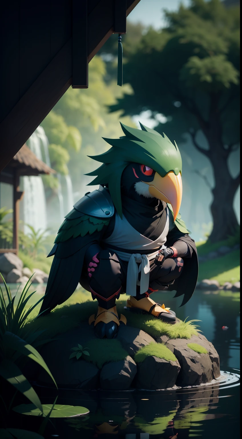 create a vibrant dark fantasy cute ninja toucanus in a clean-lined minimalistic cartoon style, in the background a pond with greenery all around on a fabulous evening, octane render, 8k