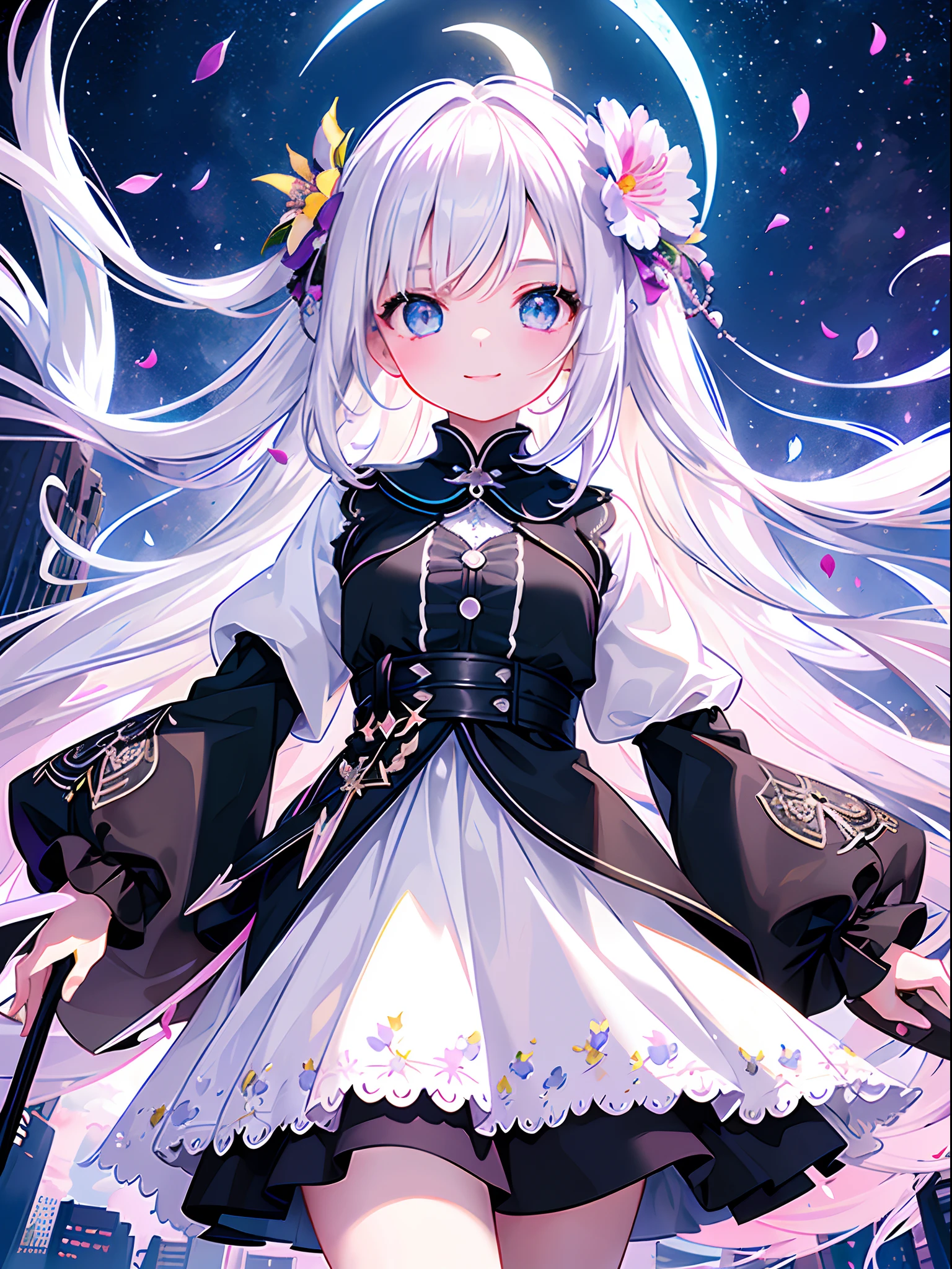 masterpiece, best quality, 1girl, (colorful),(finely detailed beautiful eyes and detailed face),cinematic lighting,bust shot,extremely detailed CG unity 8k wallpaper,white hair,solo,smile,intricate skirt,((flying petal)),(Flowery meadow) sky, cloudy_sky, building, moonlight, moon, night, (dark theme:1.3), light, fantasy,