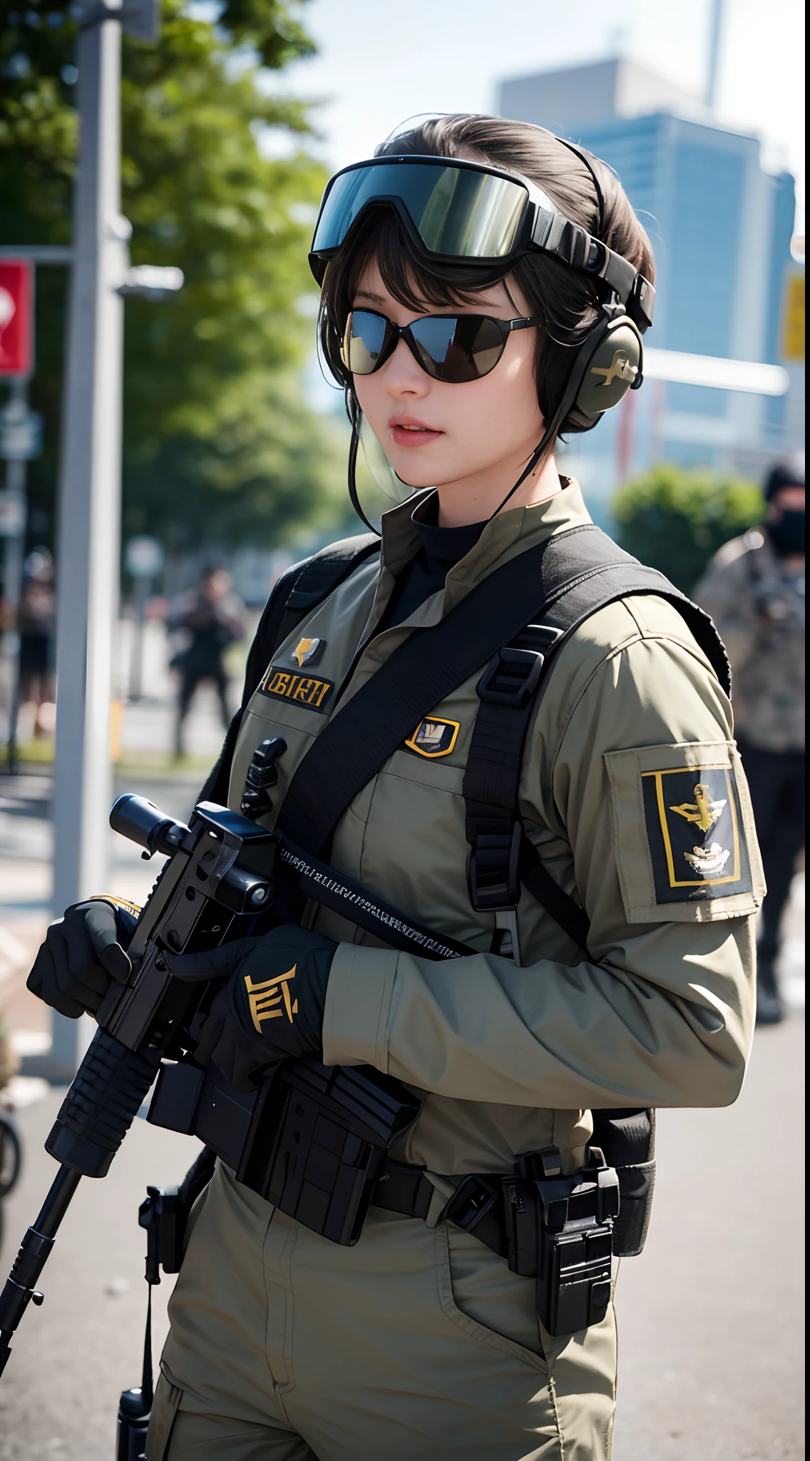 Assault_rifle,Blurry,Blurry_Background,Blurry_foreground,A pit bull,colours_aberration,Depth_af_Field,fingerless_mitts,mitts,goggles,goggles_On_Head,headset on head,heckler_&_koch,helmet,Holding_Gun,Holding_arma,Military,Exercise_bblurry,multiple_Boys,multiple_Girls,Photo_(mediating),Realistic,soldier,Solo_Focus,suppress,trigger_Discipline,uniform,arma,A masterpice,tmasterpiece,A high resolution,high qulity,The picture is fine,((commando,camouflage uniform)),Face the lens,heroic look