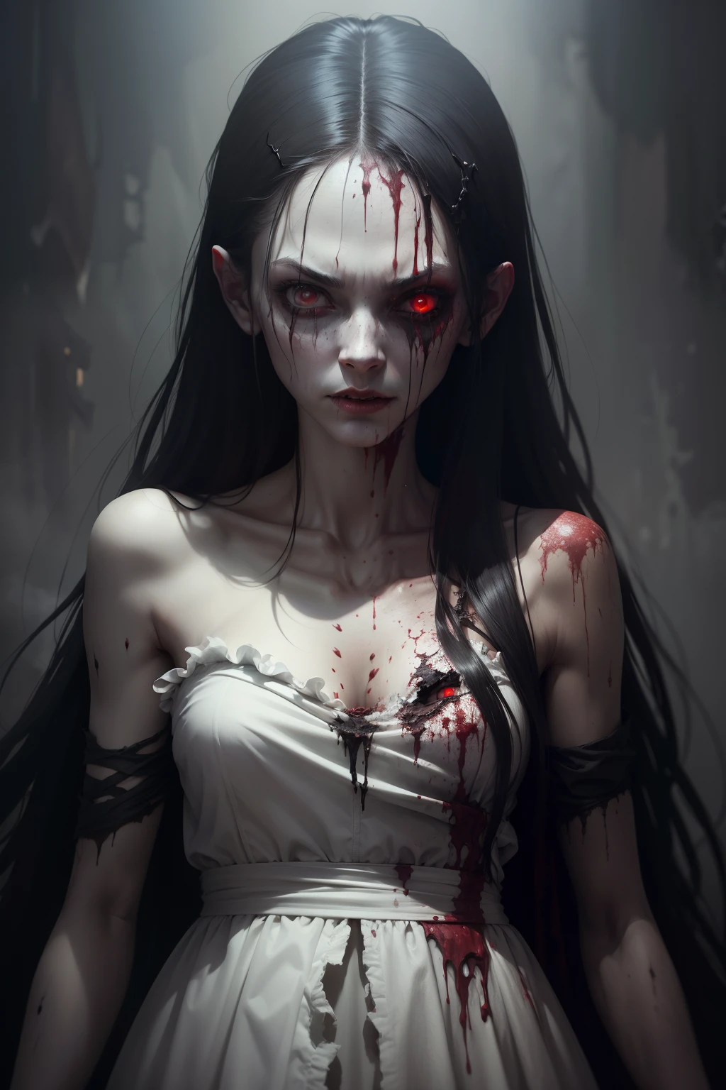 A very pal humanoid character, with red eyes, her name is (The Englewood Witch), she is crazy, nuts, horror, she is creepy, she is scary, shock value, very evil, she is skinny, evoke, fear, terror, dread, decay, disgust, she is a Psycho, dark, unusually thin, thin, scraggly, emaciated, twisted, frightening, sick, dark background, long white_dress, gore, bloody_hands, solo, close up, (messy_long_dark_hair), fog, evil eyes, eyes glowing, fire in the background, (she is wearing a very dirty old torn_white_dress), covered in slugs