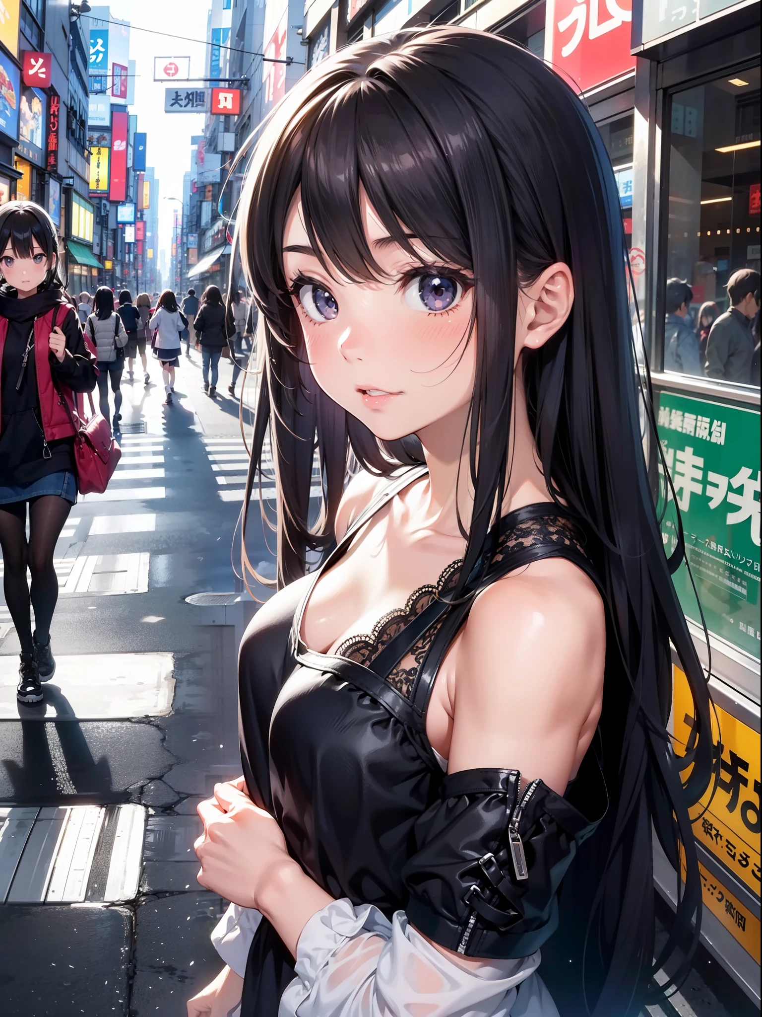 Top image quality Original Characters、1 girl in、summer clothing、Ride through the city、Long Black Hair、Shibuya, Tokyo、Complex terrain、Complex entrance clouds