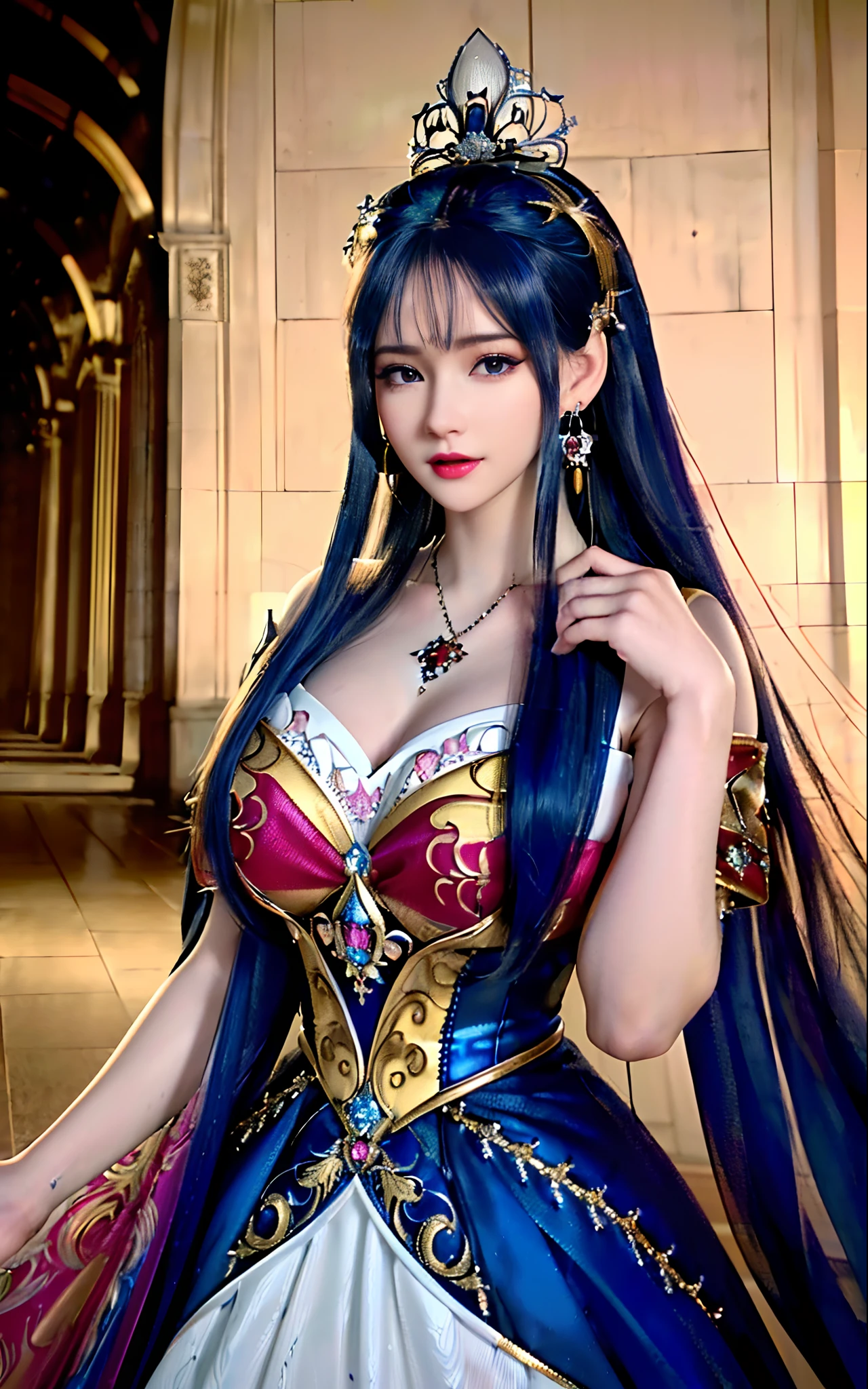 ((realisticity: 1.2)), ((realistic: 8K UHD)), ((best resolution: 8K UHD)), hyper detailed, best quality,masterpiece,highres,cg, ((1 girl hyper detailed and hyper realistic) ) , ((beautiful queen, hyper realistic and hyper detailed)),((white skin, beautiful, smooth, youthful, hyper realistic and hyper detailed )), ((Face hyper beautiful, white, hyper realistic and hyper detailed ) ), long hair, ((hyper realistic and hyper detailed dress)), solo, ((hyper realistic, hyper beautiful, beautiful and hyper detailed jewelry)), ((hyper beautiful deep red and golden yellow dress, hyper realistic and hyper detailed )) , ((Her pretty, hyper realistic, hyper detailed diamond filled earrings)), ((Her gorgeous diamond haircut, hyper realistic and hyper detailed)), ((hyper pretty upper body, hyper beautiful, hyper realistic and hyper detailed) ), ((medium breast: 1.5)), ((hyper realistic, hyper pretty, hyper detailed boobs)), ((the backgroun of the royal palace is hyper majestic, hyper realistic and hyper detailed)),((hands and palms hyper beautiful, hyper detailed, hyper realistic)), ((hyper pretty, hyper pretty, hyper realistic and hyper detailed hair bun)), ((hyper pretty , hyper realistic and hyper detailed blue hair)), candid, Photo, high resolution, 8k , bokeh,