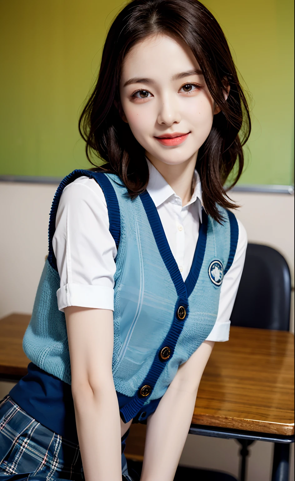 (((medium hair))), best quality, 8K, HDR, highres, absurdres:1.2, blurry background, bokeh:1.2, Photography, (RAW photo:1.2), (photorealistic:1.4), (masterpiece:1.3), (intricate details:1.2), 1girl, solo, japanese girl, delicate, beautiful detailed, (detailed eyes), (detailed facial features), petite, (((small breasts))), skin tight, (looking_at_viewer), from_front, (skinny), (best quality:1.4), (ultra highres:1.2), cinema light, (extreme detailed illustration), (lipgloss, best quality, ultra highres, depth of field, caustics, Broad lighting, natural shading, 85mm, f/1.4, ISO 200, 1/160s:0.75),1girl, solo, (((blue vest))) smile, ((school uniform, pleated  skirt with checker pattern, classroom))