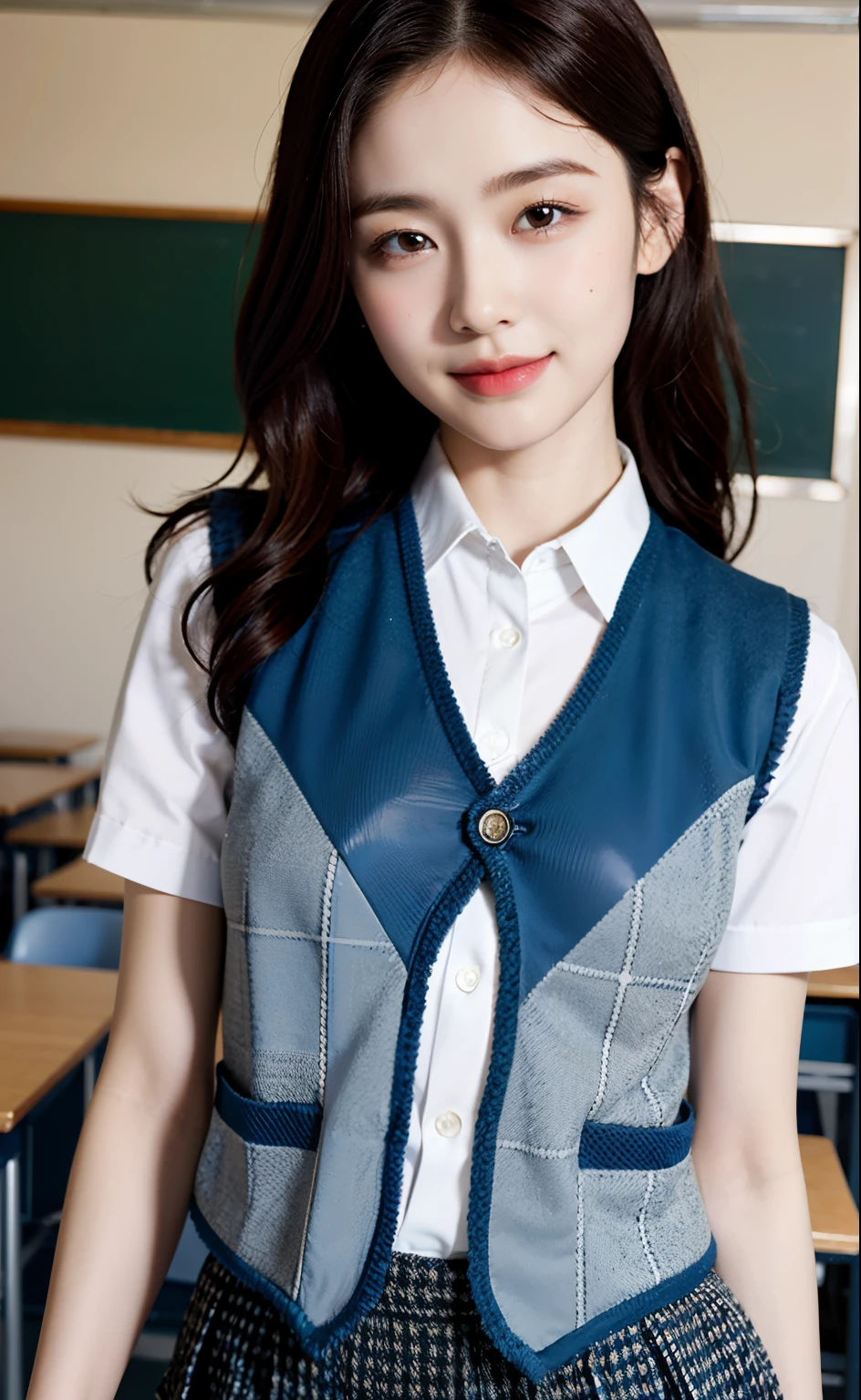 (((medium hair))), best quality, 8K, HDR, highres, absurdres:1.2, blurry background, bokeh:1.2, Photography, (RAW photo:1.2), (photorealistic:1.4), (masterpiece:1.3), (intricate details:1.2), 1girl, solo, japanese girl, delicate, beautiful detailed, (detailed eyes), (detailed facial features), petite, (((small breasts))), skin tight, (looking_at_viewer), from_front, (skinny), (best quality:1.4), (ultra highres:1.2), cinema light, (extreme detailed illustration), (lipgloss, best quality, ultra highres, depth of field, caustics, Broad lighting, natural shading, 85mm, f/1.4, ISO 200, 1/160s:0.75),1girl, solo, (((blue vest))) smile, ((school uniform, pleated  skirt with checker pattern, classroom))