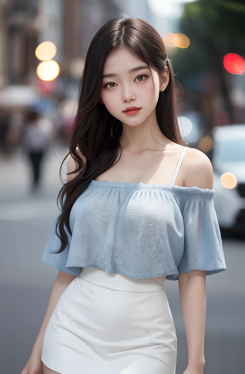 1girl, cute, 16 years old, sexual expression, look at viewer, off shoulder shirt ,high waist short skirt bodycon, photo, realistic, best quality, hires, detailed face, detailed background, diffused lighting, depth of field, bokeh,
