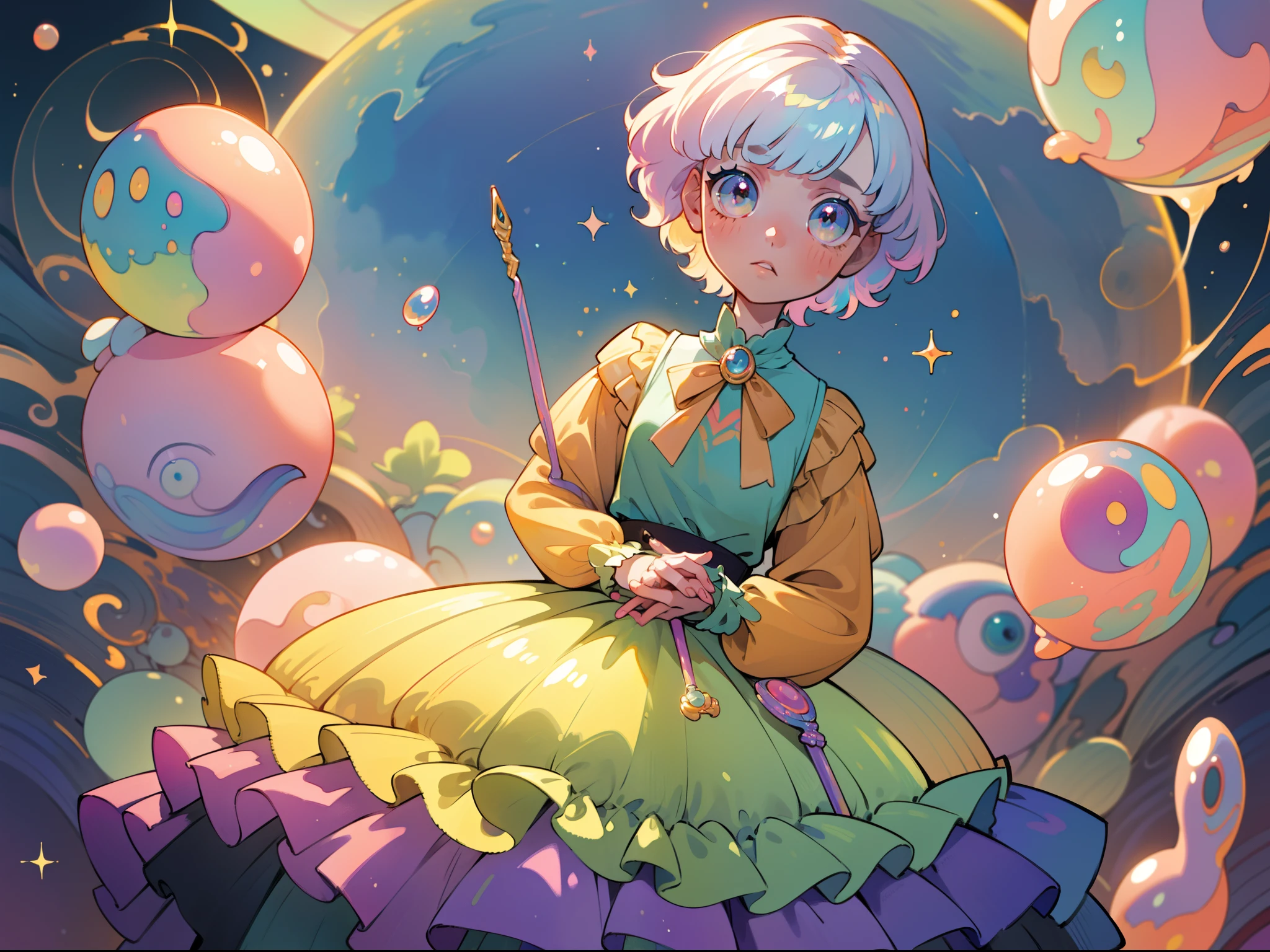 masterpiece, best quality, 8k resolution, sharp focus, intricate detail, beautiful girl, sparkling eyes, golden ratio face, otherworldly liquid, watercolor, pastel colors, bright colors, whimsical, colorful, sharp focus, high resolution, fine detail, ((layered tiered puffy long sleeves ballgown)), ((round eyes)), iridescent bubbles, fantasia background