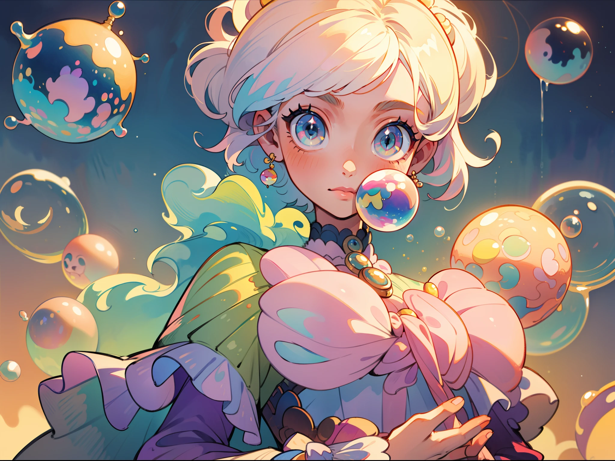 masterpiece, best quality, 8k resolution, sharp focus, intricate detail, beautiful girl, sparkling eyes, golden ratio face, otherworldly liquid, watercolor, pastel colors, bright colors, whimsical, colorful, sharp focus, high resolution, fine detail, ((layered tiered puffy long sleeves ballgown)), ((round eyes)), iridescent bubbles, fantasia background