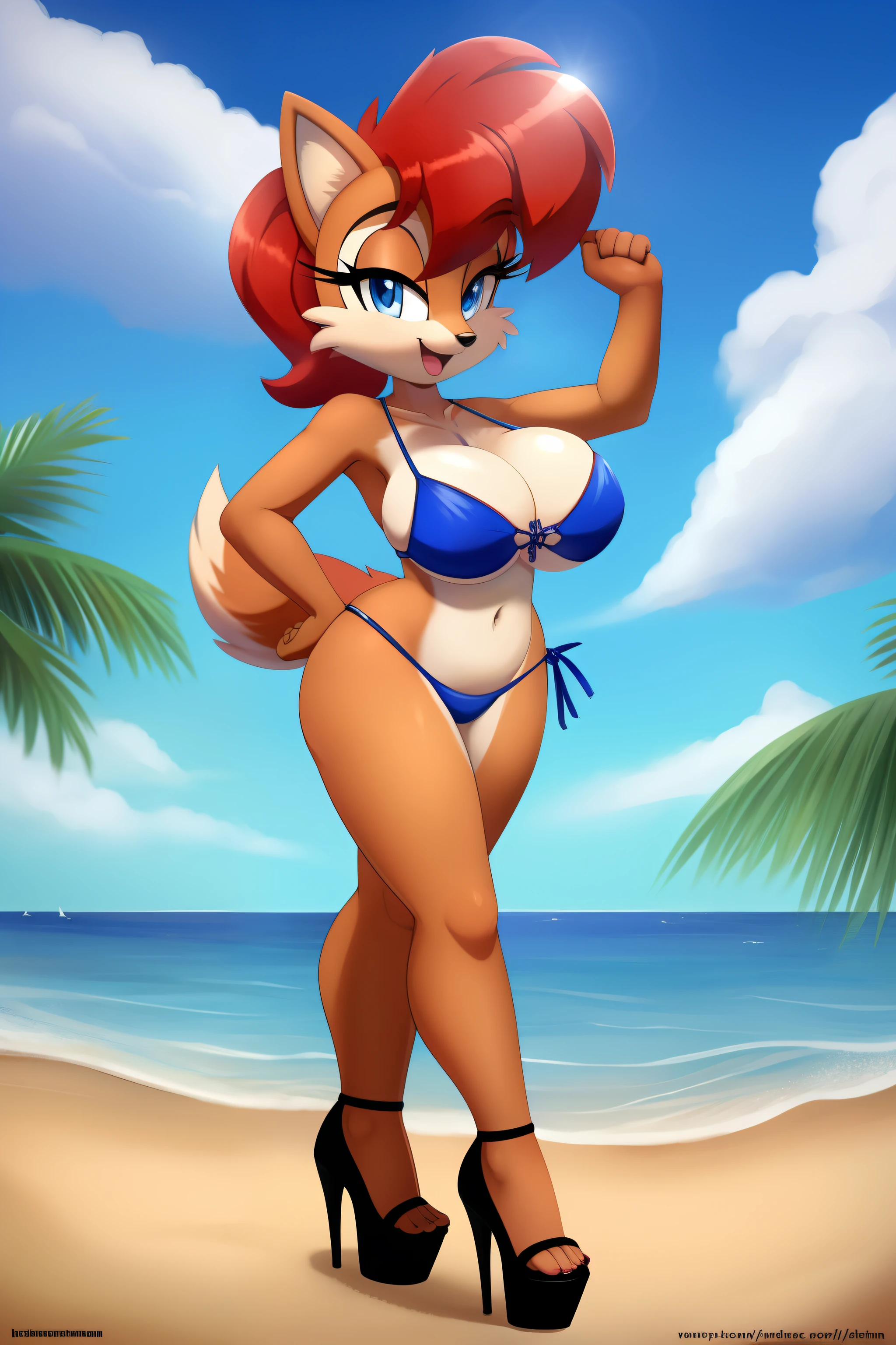 1girl, solo, breasts, smile, bangs, blue eyes, large breasts, navel, animal ears, cleavage, bare shoulders, closed mouth, standing, collarbone, tail, swimsuit, full body, bikini, red hair, outdoors, sky, day, shiny, artist name, cloud, hand up, water, stomach, blurry, arm up, tree, blue sky, side-tie bikini bottom, ocean, watermark, beach, happy, grass, web address, furry, sand, furry female, horizon, (pink bikini), body fur, pigeon-toed, white fur, animal nose, brown fur, two-tone fur, Sally Acorn, strappy heels, cross-laced footwear, high heels, stiletto heels, ankle lace-up